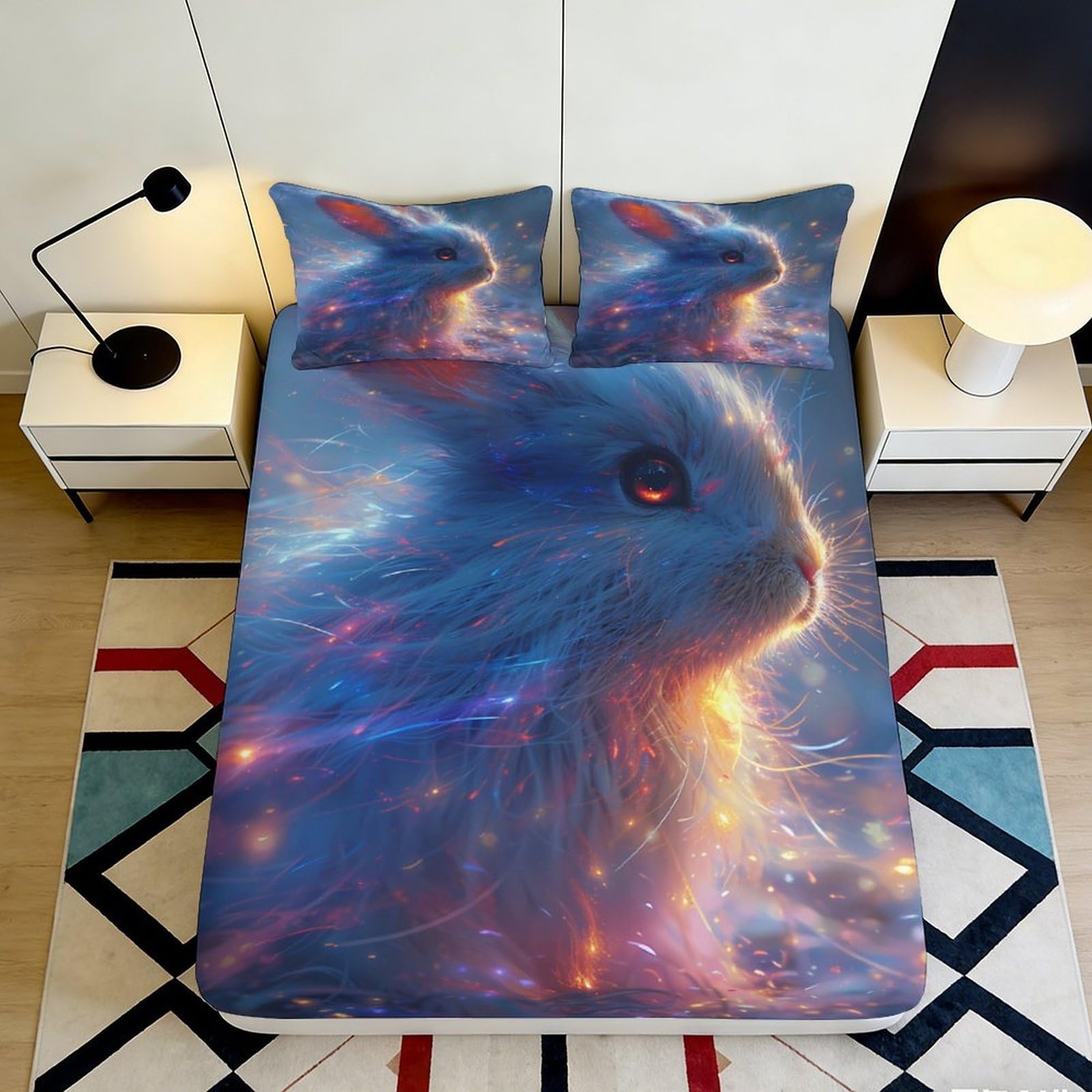 3D Printed Glowing Rabbit Fitted Sheet Microfiber Soft Breathable Cosmic Nebula Bed Cover for Bedroom Dormitory Guest Room Mattress Protection 90x200x25cm