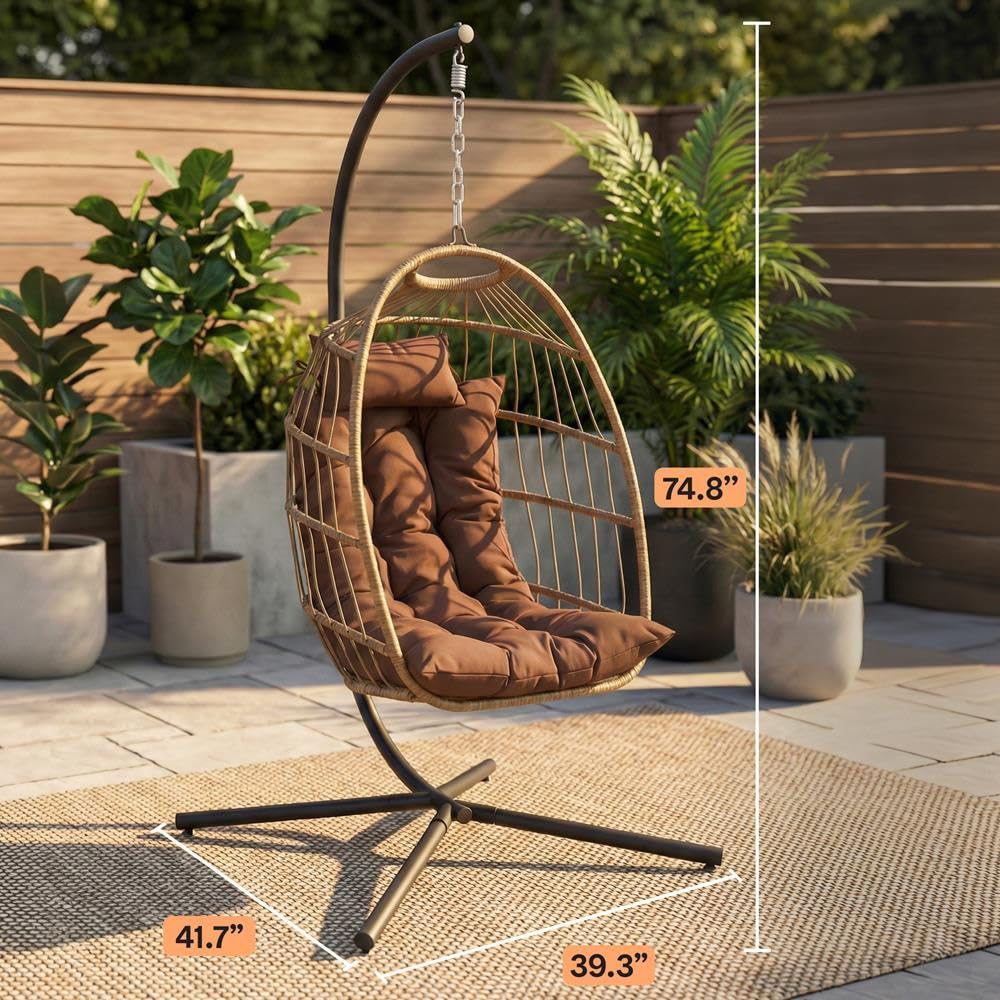 SereneLife wiszący fotel Egg z podstawą – rattanowy fotel wiszący z technorattanu, stalowa rama malowana proszkowo, wyściełana poduszka i zagłówek, idealny do sypialni, na patio i do ogrodu