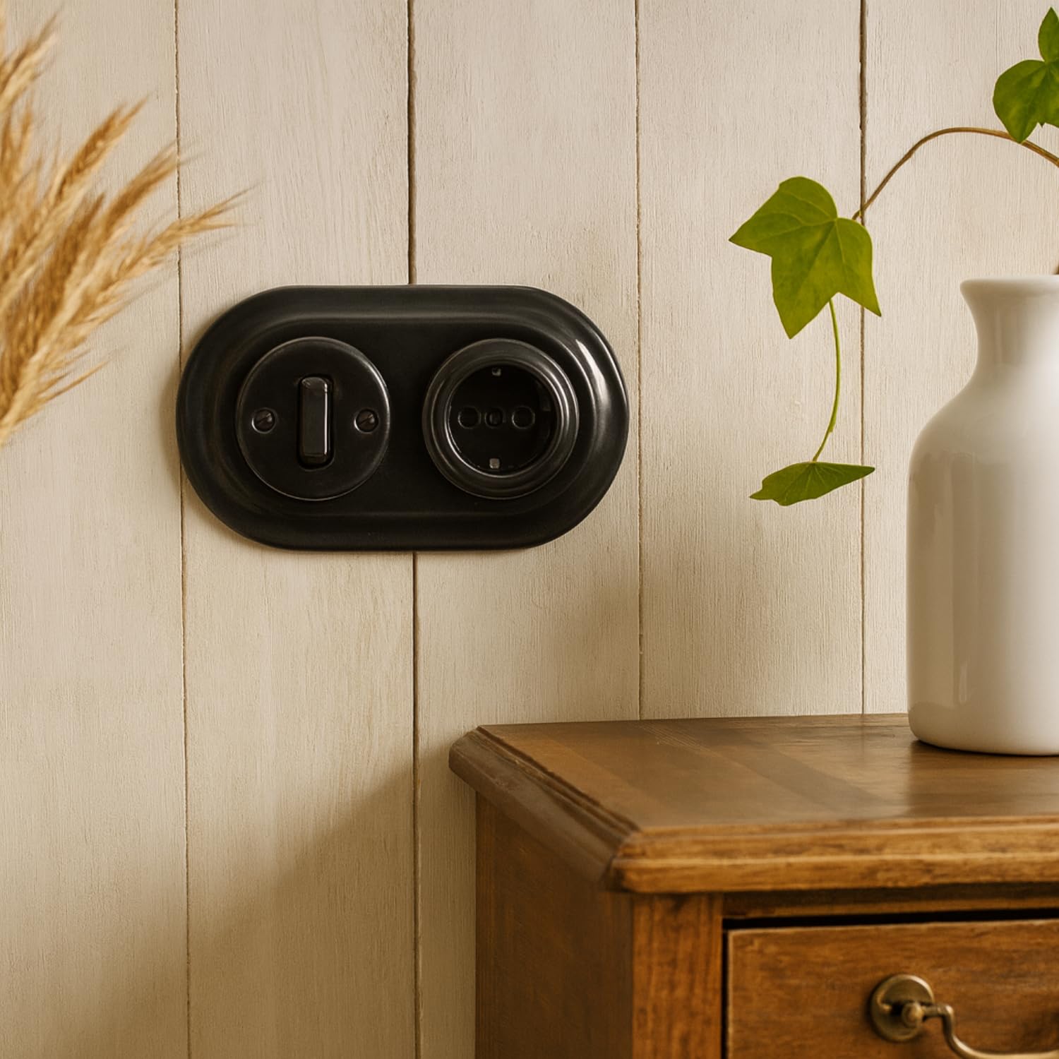 Unterputz Porzellan Retro, Schalter, USB, 2-fach, All-in-One, Serie PR1 schwarz