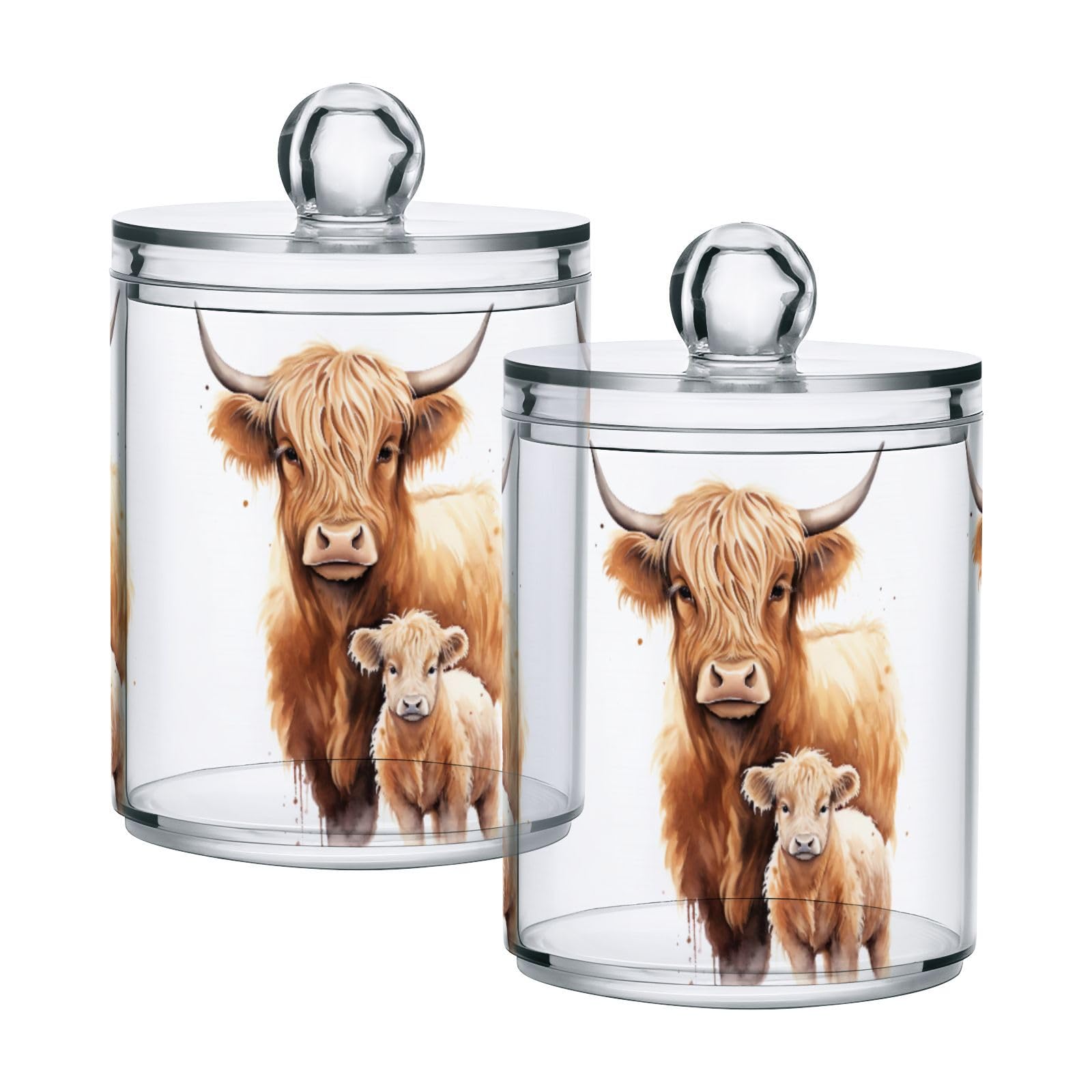 2 Pack Qtip Holder Dispenser with Lids, Highland Cow Plastic Storage Containers,Bathroom Canisters Organizer for Cotton Ball, Cotton Swab, Cotton Round Pads, Floss 21216458