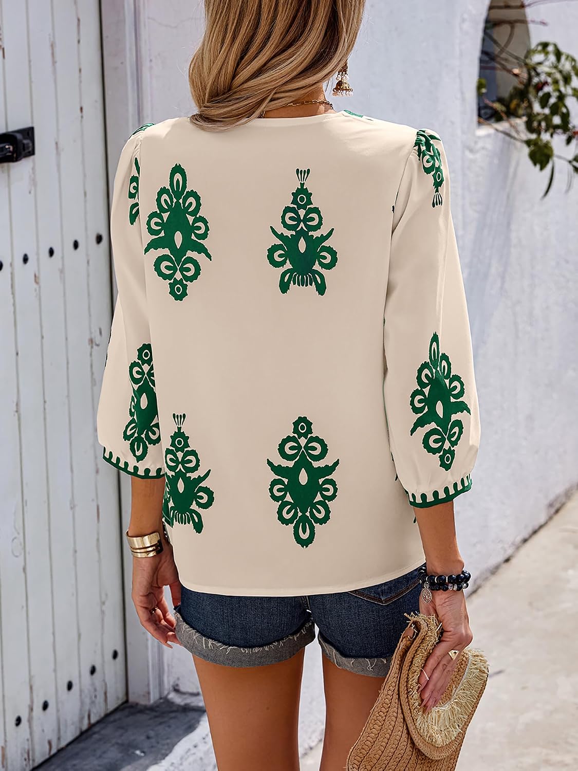 Women's V-Neck 3/4 Sleeve Blouse Tops Elegant Retro Blouse Shirt Tunic Summer Casual Printed T-Shirt Tops Apricot Dark Green S