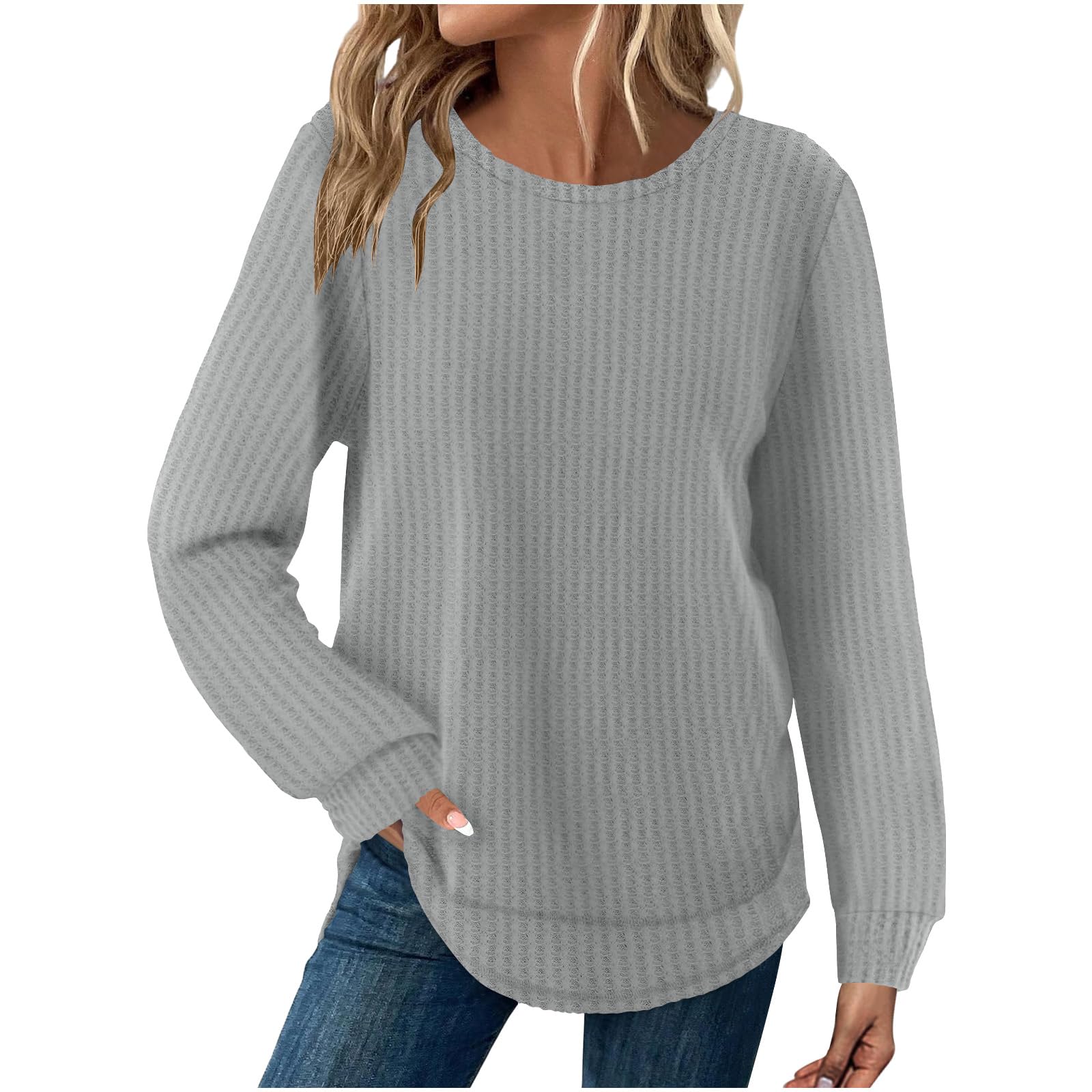 Womens Sweaters Loose Fall Waffle Knit Casual Sweater Long Sleeve Knit Crew Neck Top Loose Pullover Lightweight Outfit