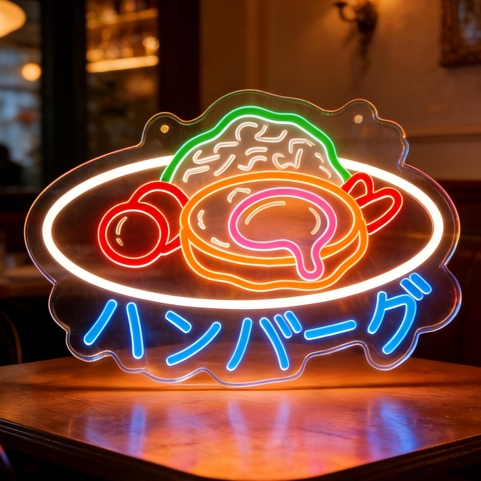 Japanese Hamburg Steak Neon Sign Japanese Hambagu ハンバーグ LED Light USB Powered Dimmable Hamburger Light Sign for Restaurant Cafe Shop Home Kitchen Wall Decor Housewarming Present — image 1