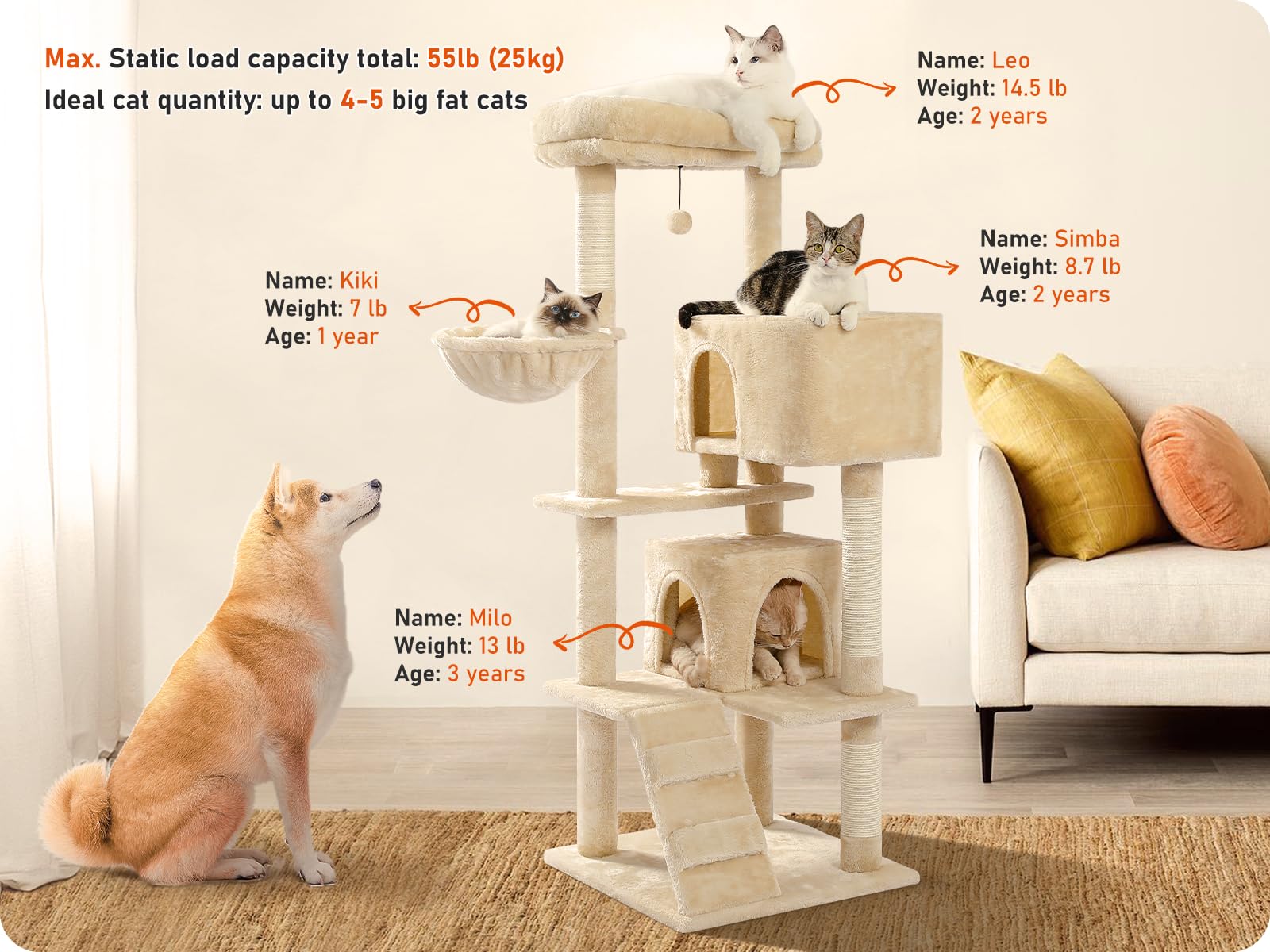 UYMI Cat Tree for Indoor Cats, 2 Cozy Condos with Spacious Top Perch, 56.3-Inch Multi-Level Cat Tower with Scratching Posts, 2 Caves, Plush Hammock and Climbing Ramp, Beige