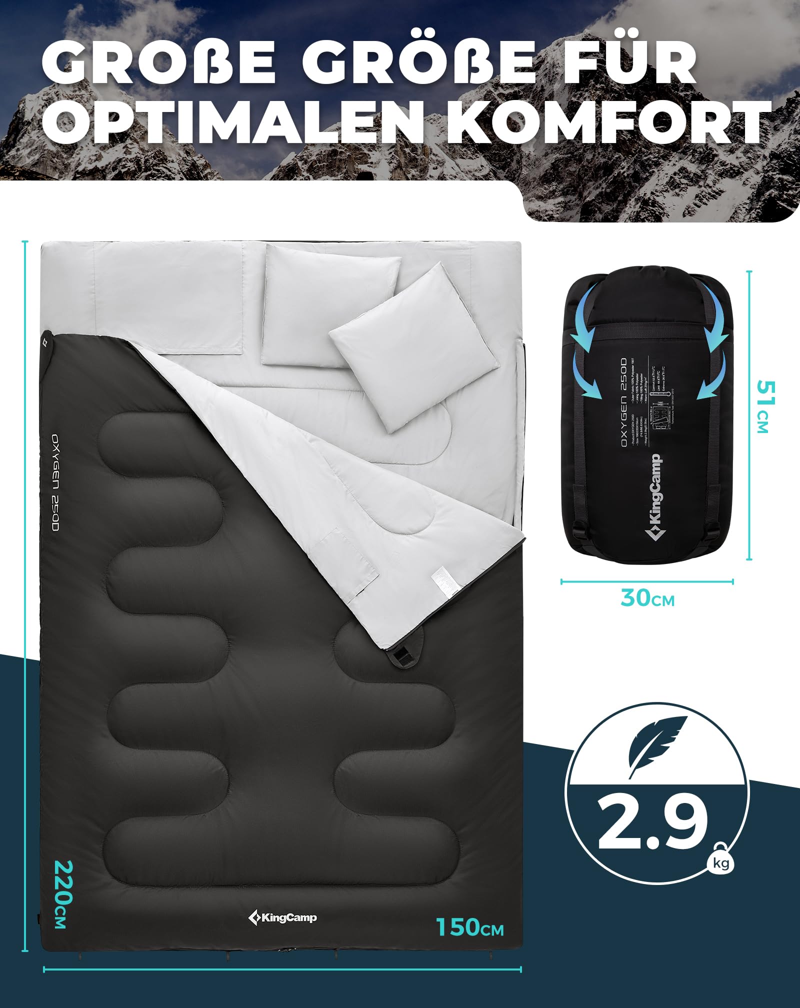 KingCamp Deckenschlafsack,Doppelschlafsack,220x150cm mit 2 Kissen,Schlafsack für 2 Personen,12℃ bis -3℃ für Familien, Camping und RV-Reisen
