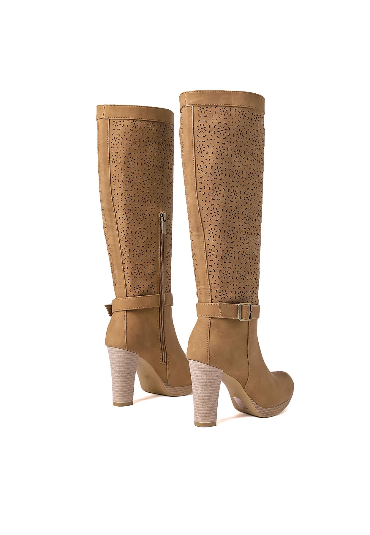 QUEEN HELENA Stivali Alti Traforati con Tacco con Zip Laterale Casual Donna X30-111