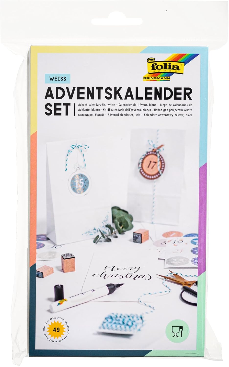 9401 Advent Calendar Set with 24 Food-Safe Paper Bags in White, Cord and Number Stickers