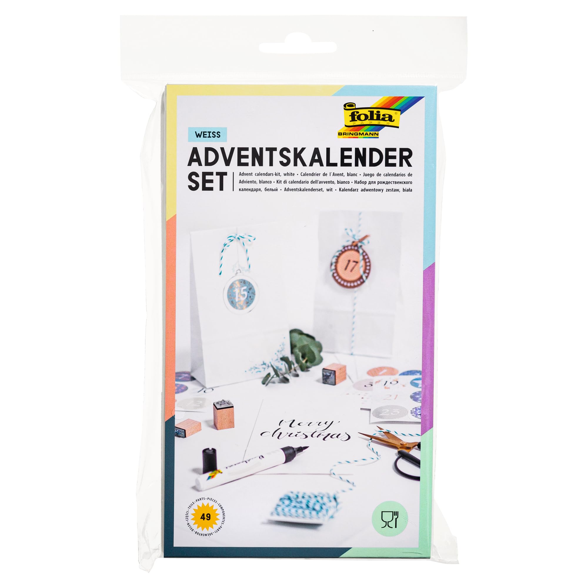 folia 9401 Adventskalender-Set mit 24 lebensmittelechten Papiertüten, Kordel und Zahlenstickern