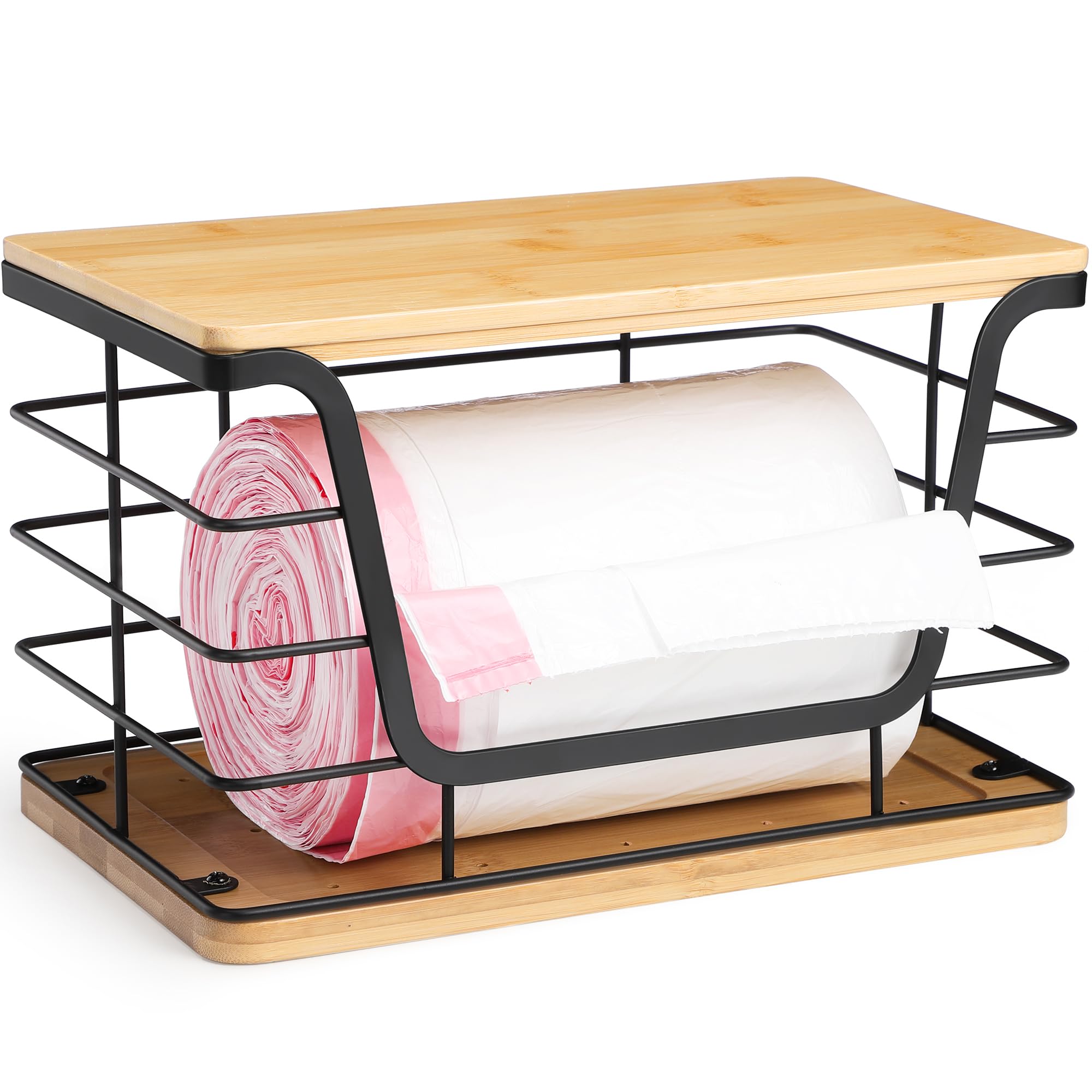 ALOCEO Dispensador de bolsas de basura extra grande con parte superior de bambú, soporte de pared de acero inoxidable, organizadores apilables de lavandería de cocina
