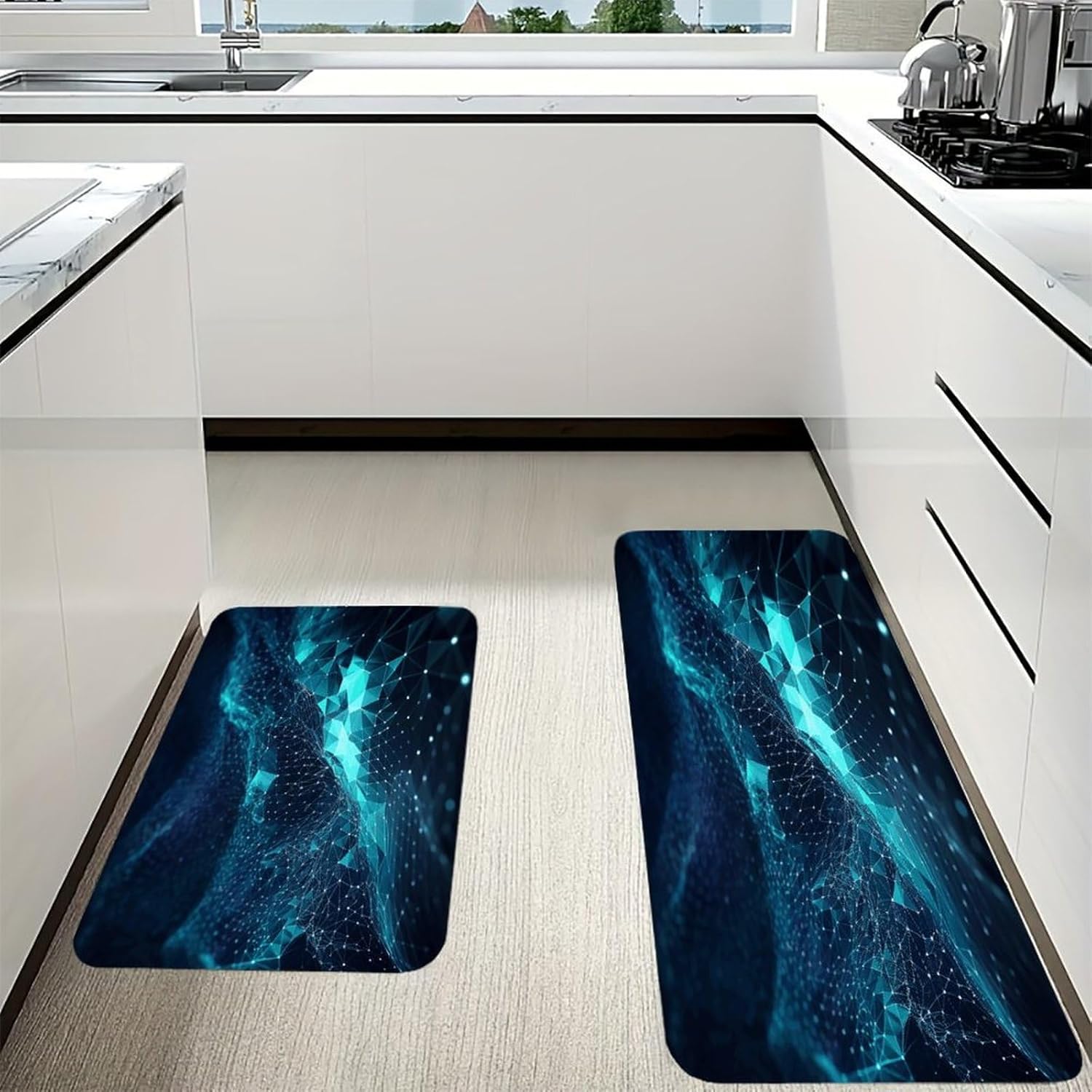 Abstract Polygonal Space Kitchen Mat Set of 2 Ergonomic Comfort Velvet Rugs Cushioned Anti-Fatigue Non-Slip Standing Mats Thick Kitchen Floor Mat Carpet Runner Rugs 16"×24"+17"×47"