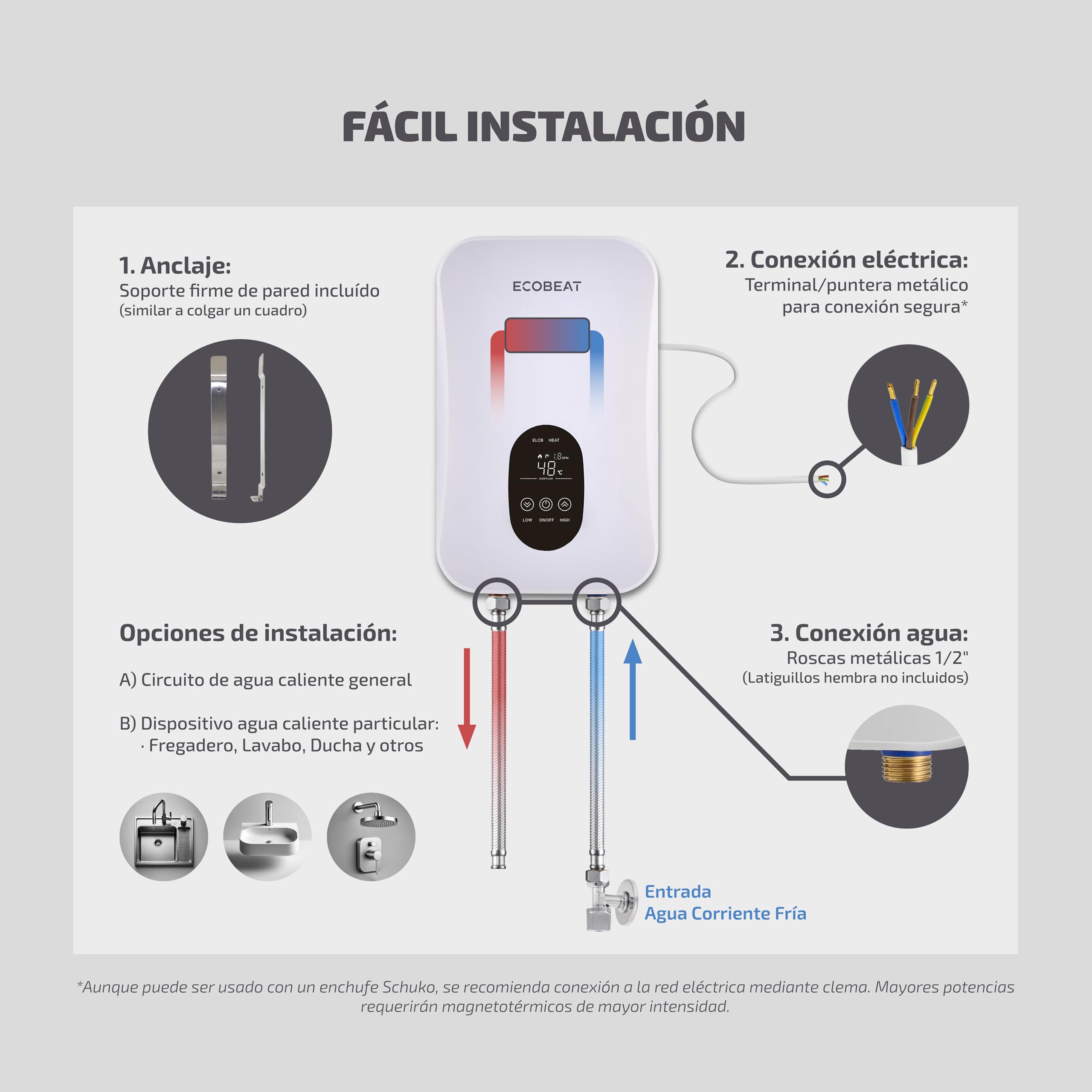 EcoBeat Calentador de Agua Instantáneo Eléctrico Compacto (Tamaño folio), Termo Sin Tanque, Pantalla LED Táctil con temperatura graduable. (5500 W)