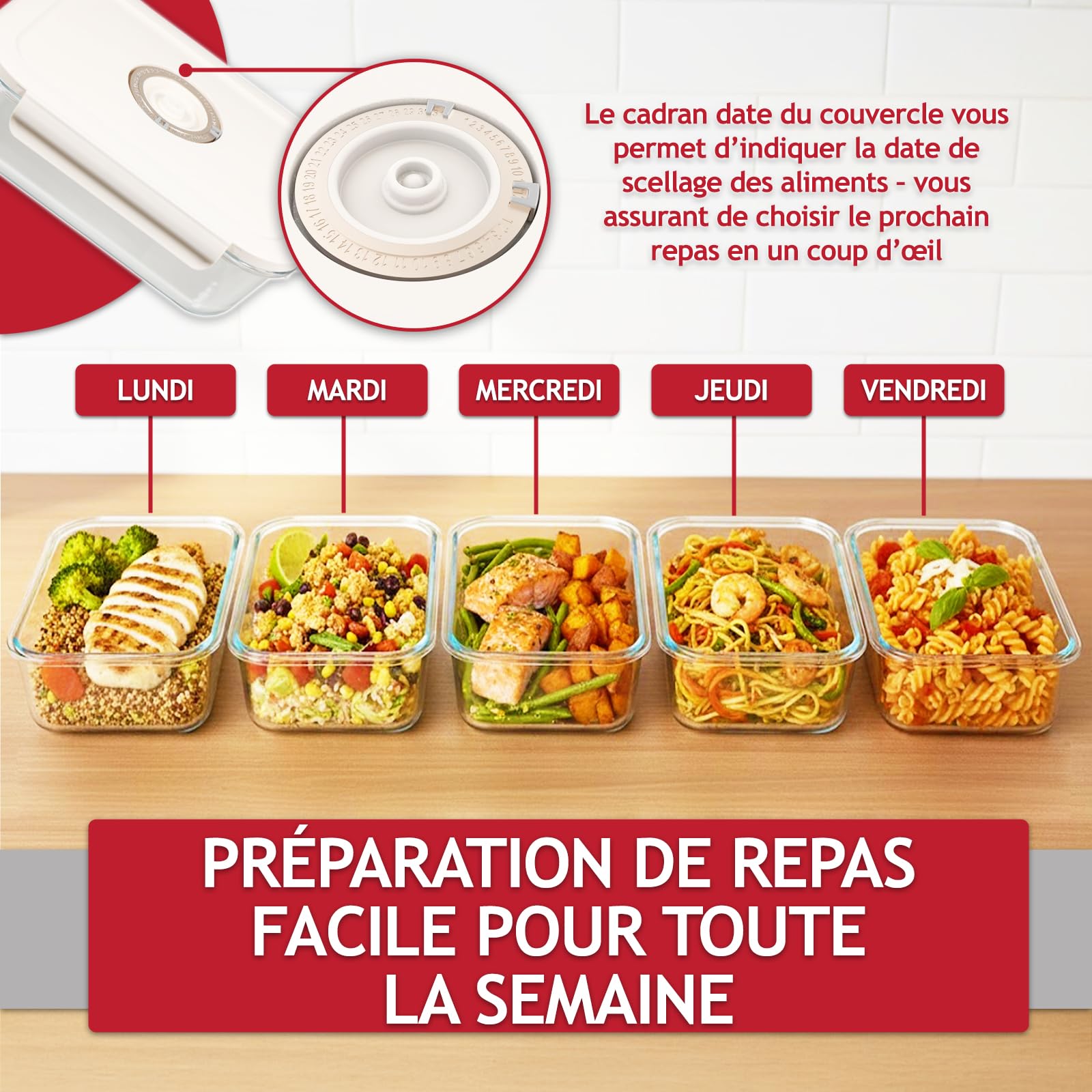 SPARES2GO Boîtes de conservation sous vide en verre avec couvercles à clips (Lot de 5, Petit format, 630 ml) + Pompe manuelle