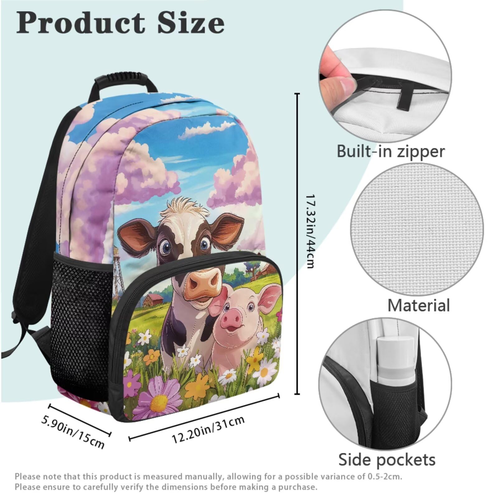 Zaino per bambini con borsa per il pranzo, set leggero per libri scolastici, 4 pezzi, per regali per il rientro a scuola, Mucca e maiale