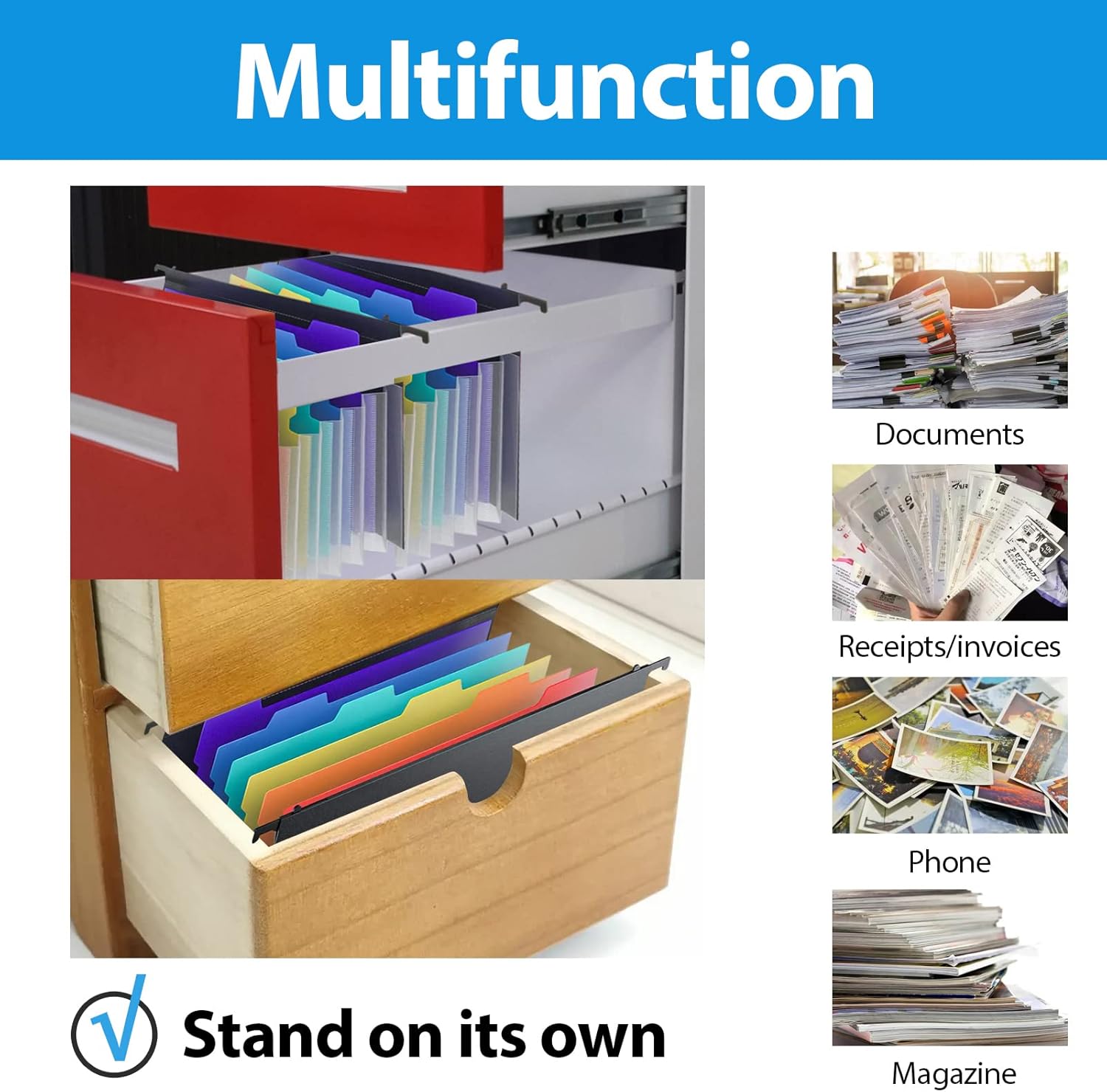 Ikaufen 4 Pack Expanding Hanging File Folders, 7 Pockets Accordian File Organizer for Document Bill, Large Capacity, Multi-Color Tabs, Letter Size for Filing Cabinet