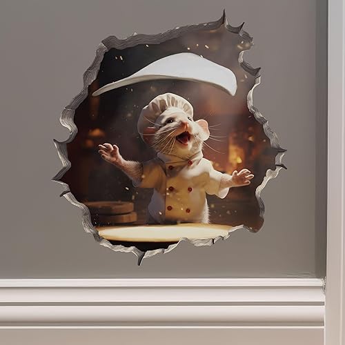 Calcomanía de ratón de pizza en agujero de ratón, adhesivo de pared 3D con agujero de ratón