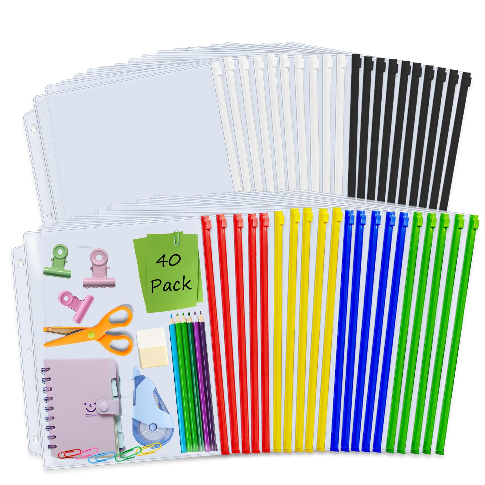 Binditek 40 Pack Plastic Zippered Binder Pockets, 3-Hole Punched for 3 Ring Binder, Clear PVC with Multicolor Zippers, Waterproof Loose Leaf Bag Pouch