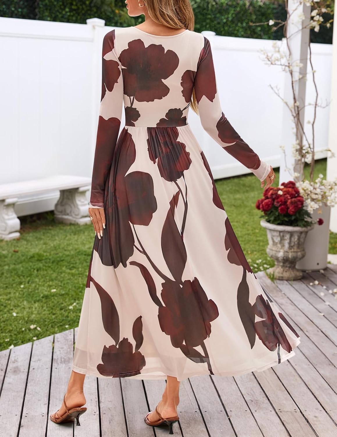 MEROKEETY Women's Long Sleeve Spring Wedding Guest Dress 2026 Crewneck Floral Flowy Mesh Cocktail Maxi Dresses - Image 3