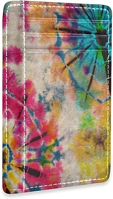 Vintage Old Tie Dye Pink Yellow Blue Black colorful Retro Style Slim Minimalist Wallet, Front Pocket RFID Blocking Leather Credit Card Holder, Case Protector Covers for Men Women