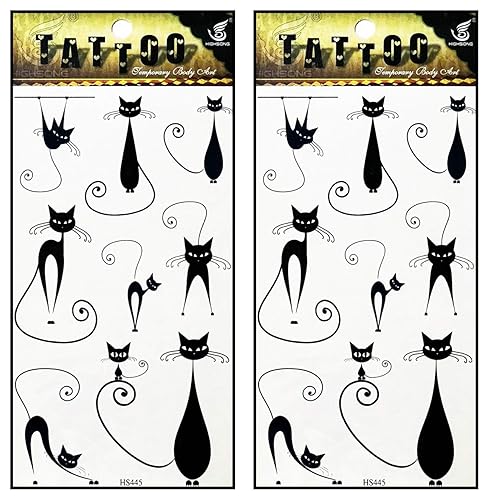 Tatuajes 2 hojas de dibujos animados gato negro tatuajes temporales arte corporal pegatinas falsas impermeables extraíbles fiesta para adolescentes,