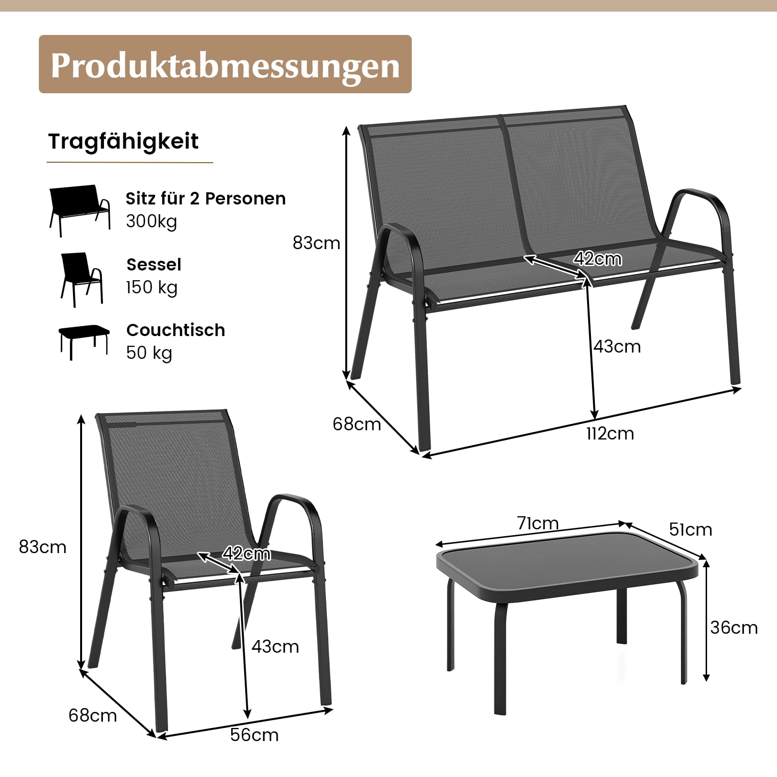 COSTWAY 4-teilige Gartenmöbel Set, Balkonmöbel, Terrassenmöbel, Sitzgruppe, Sitzgarnitur für 4 Personen, Gartengarnitur inkl. 2 Stühlen, Bank & Tisch, für Balkon, Terrasse, Garten (Grau)
