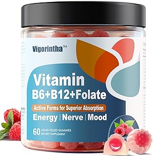 Methylated Vitamin B6, B12 & Folate Gummies, Vitamin B6 Supplement with Methylated B12& L-Methylfolate for Energy, Brain & Nerve, Sugar Free, Vegan, 60 Gummies.