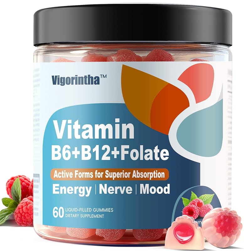 Vigorintha – Gomas de vitaminas B6, B12 e folato metilados – P5P, metilcobalamina e L-metilfolato – 60 gomas