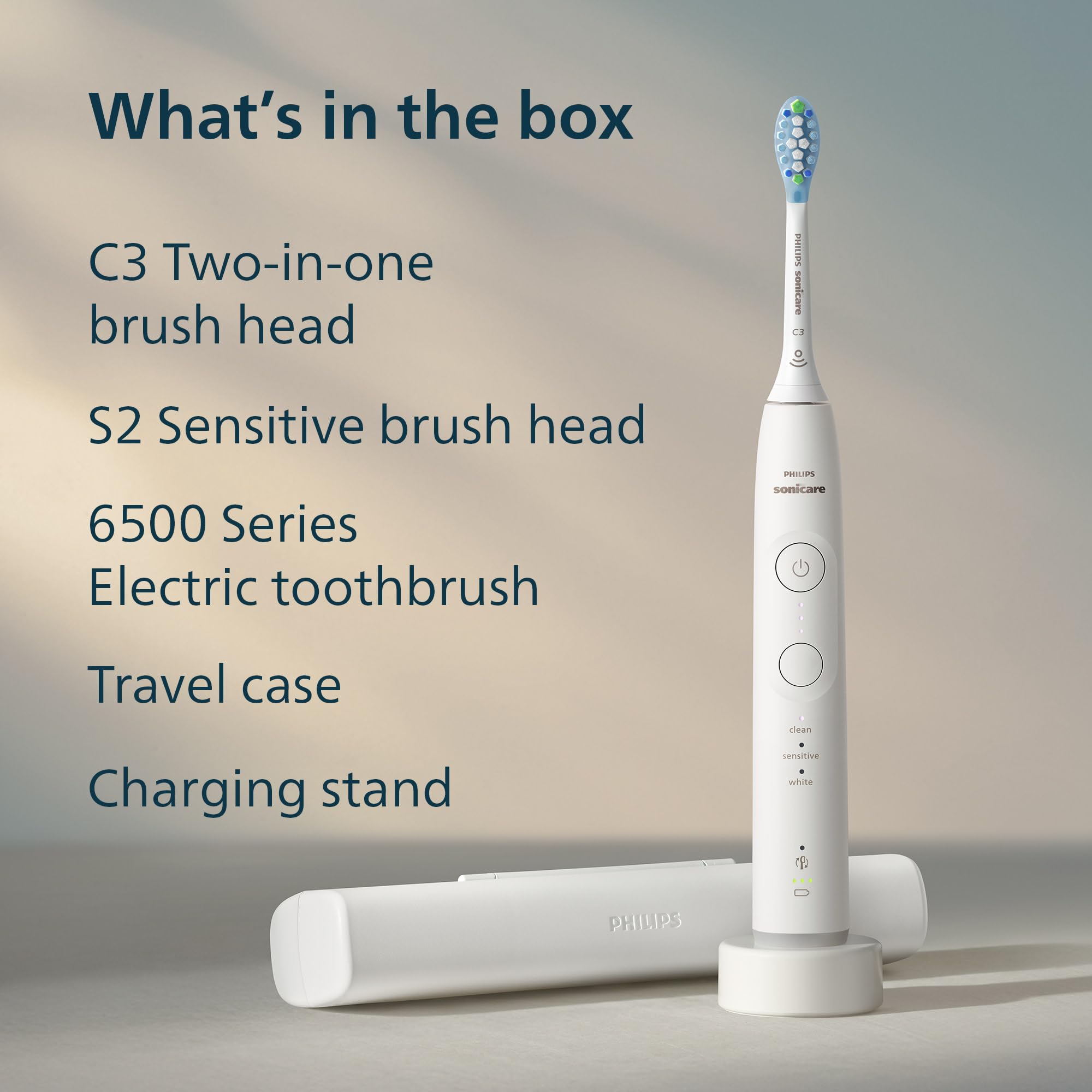 Philips Sonicare 6500 Series Electric Toothbrush - Next-Generation Sonicare Technology, Pressure Sensor, 9 Brushing Settings, SmarTimer, BrushPacer, 21-Day Runtime, Travel Case, White, HX7410/10