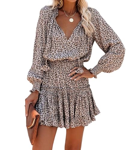 Women's Leopard Print Lantern Long Sleeve Mini Dress Casual Sexy Deep V Neck Smocked Ruffled Hem Short Dresses Pink Small
