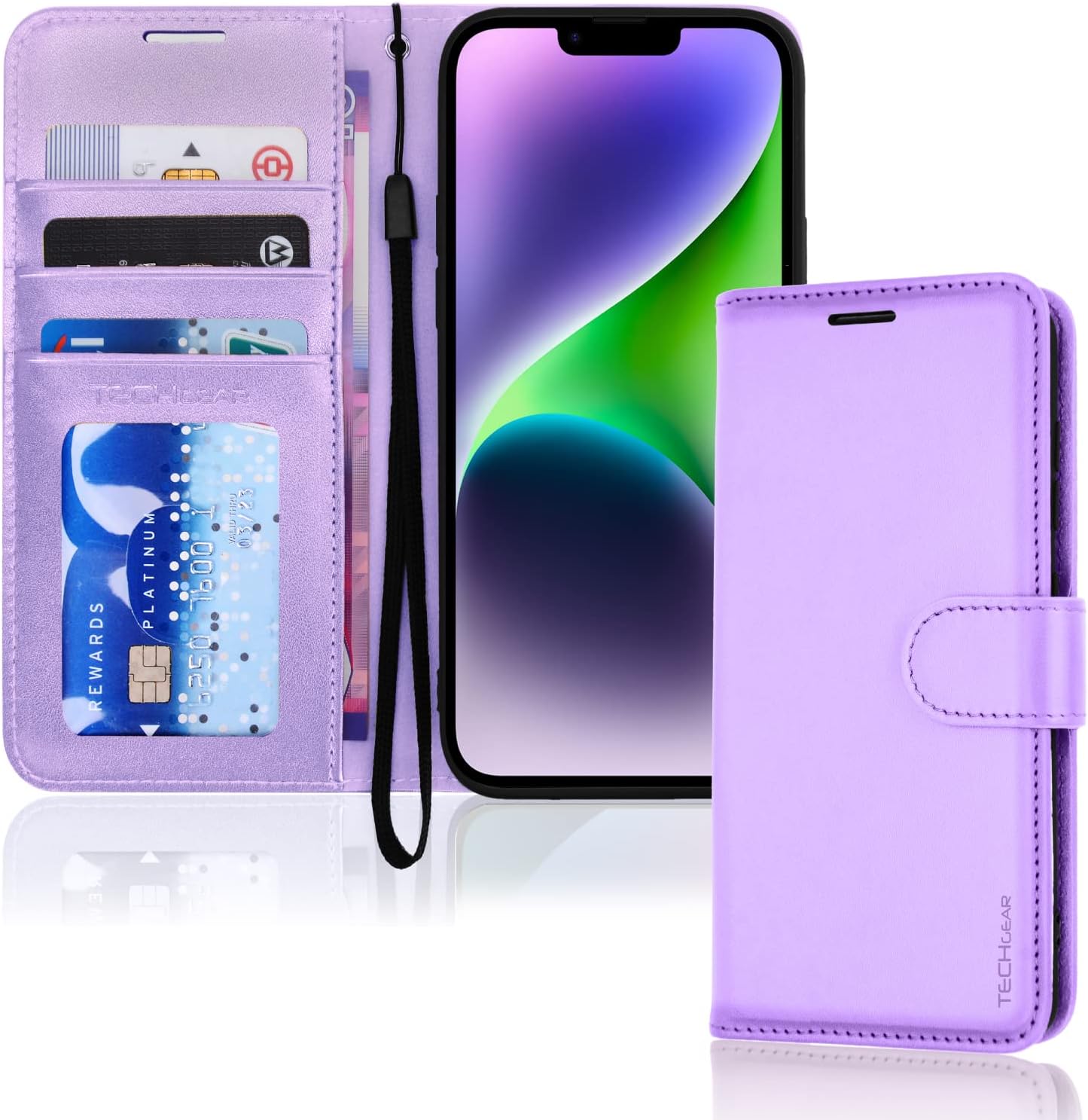 TECHGEAR iPhone 14 Leather Wallet Case, Flip Protective Case Cover with Wallet Card Holder, Stand and Wrist Strap - Purple PU Leather with Magnetic Closure for iPhone 14 6.1"