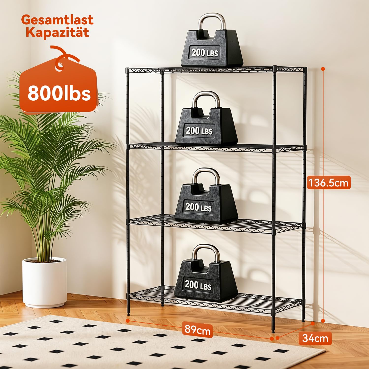 4-lagige Aufbewahrungsregale 35,4" L x 13,3" W x 53" H Metall Garage Regale Stehend Lagerregal Einstellbare Schicht Regale Mit Stahlrahmen Geeignet für Küche, Garage oder Gewerbliche Nutzung (Schwarz)
