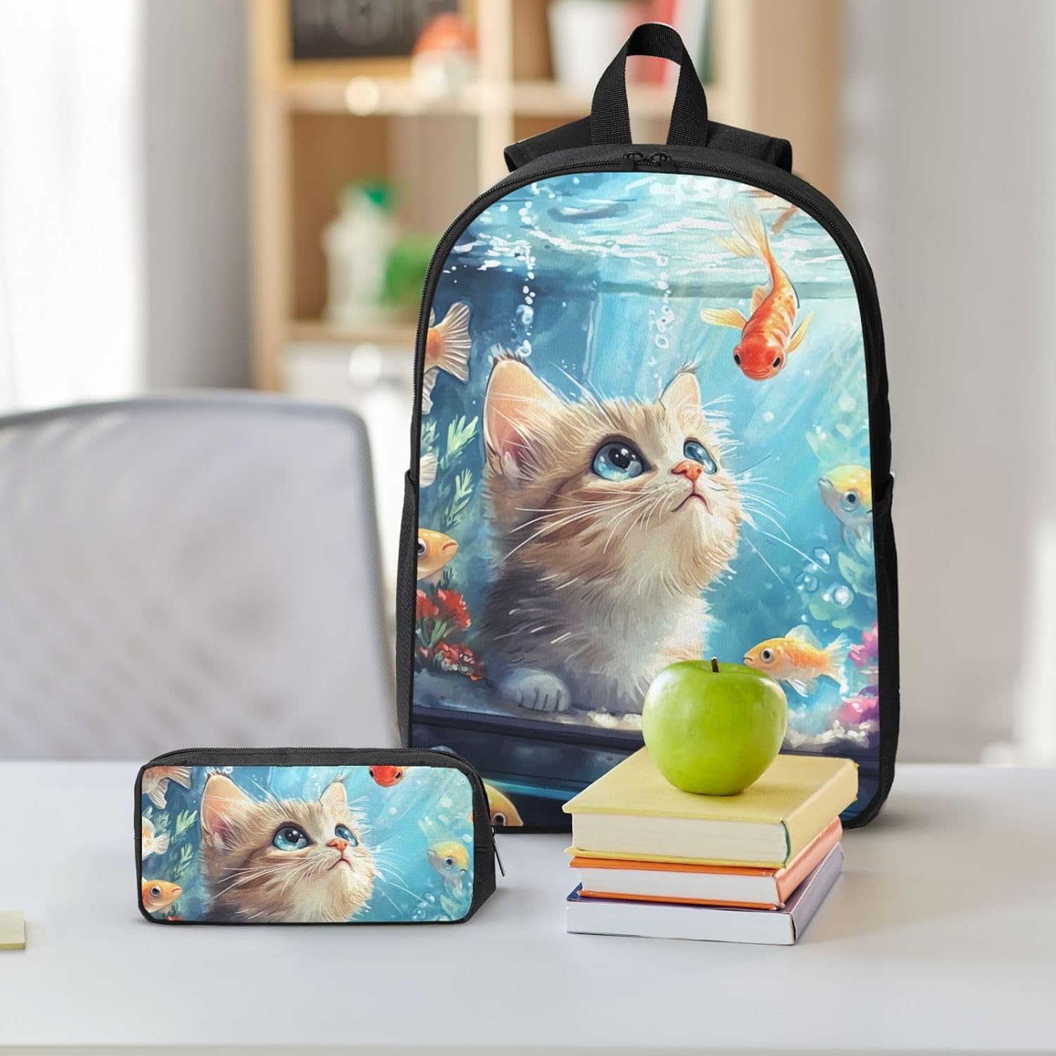 Cat and Fish School Backpack Kids Girls Boys Teens 3PCS Bookbag with Lunch Box Pencil case Set Lightweight Bag - Image 8