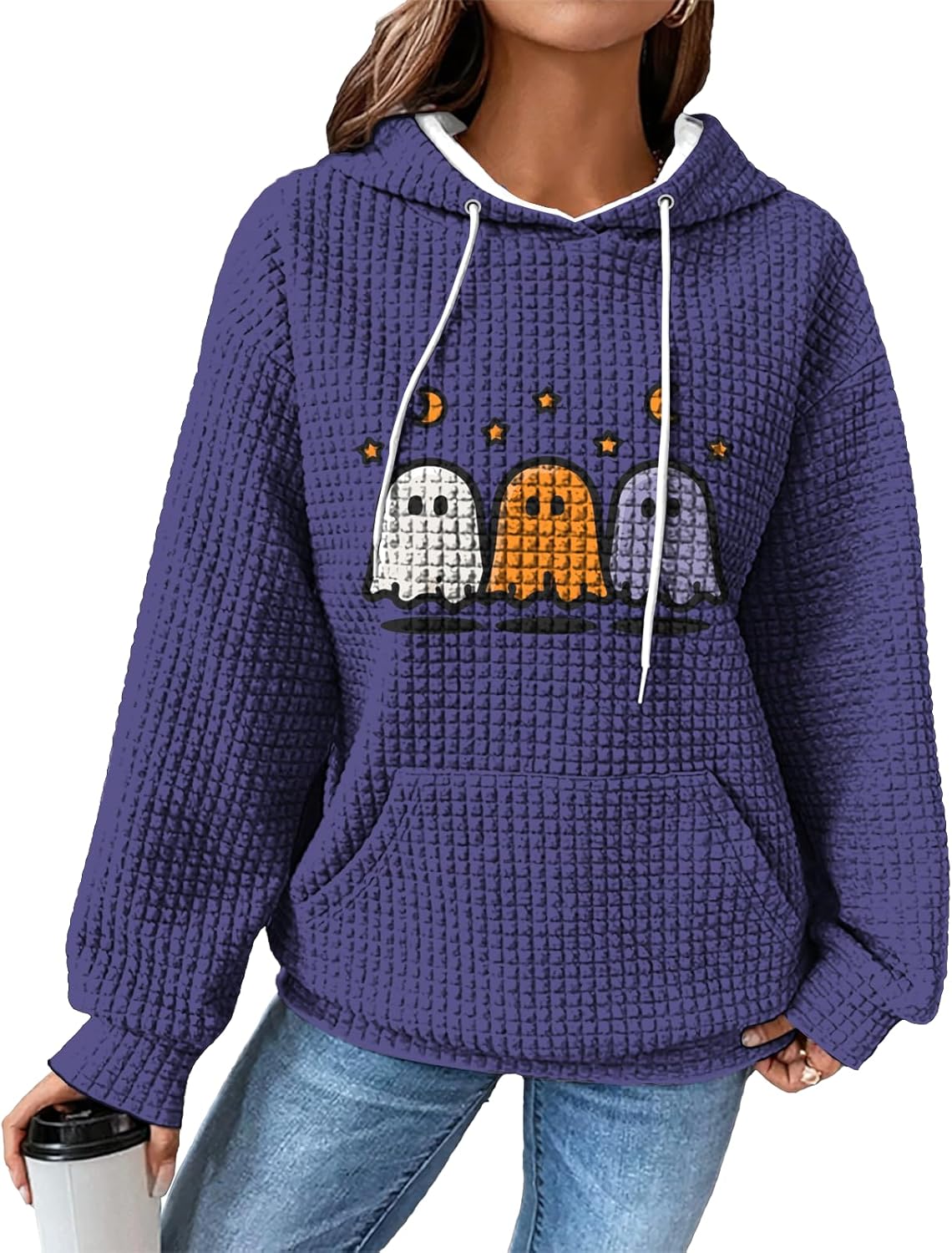 Halloween Sweatshirt Vintage Waffle Sweatshirt Lightweight Hoodies Spooky Graphic Street Style Holiday Tops