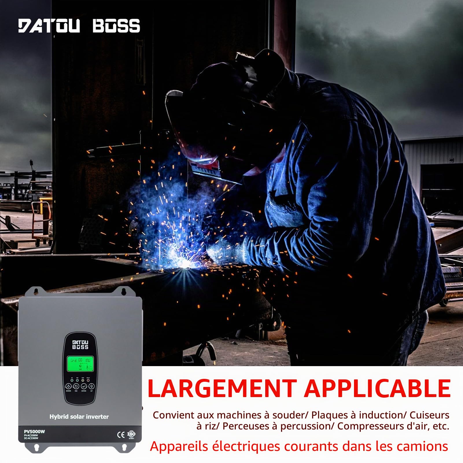 DATOUBOSS Onduleur Hybride Solaire 3300W à Onde Sinusoïdale Pure, Convertisseur 24V DC vers 230V AC avec Régulateur 120A MPPT, Protection BMS, pour Batteries Plomb-Acide & Lithium, Système Off-Grid