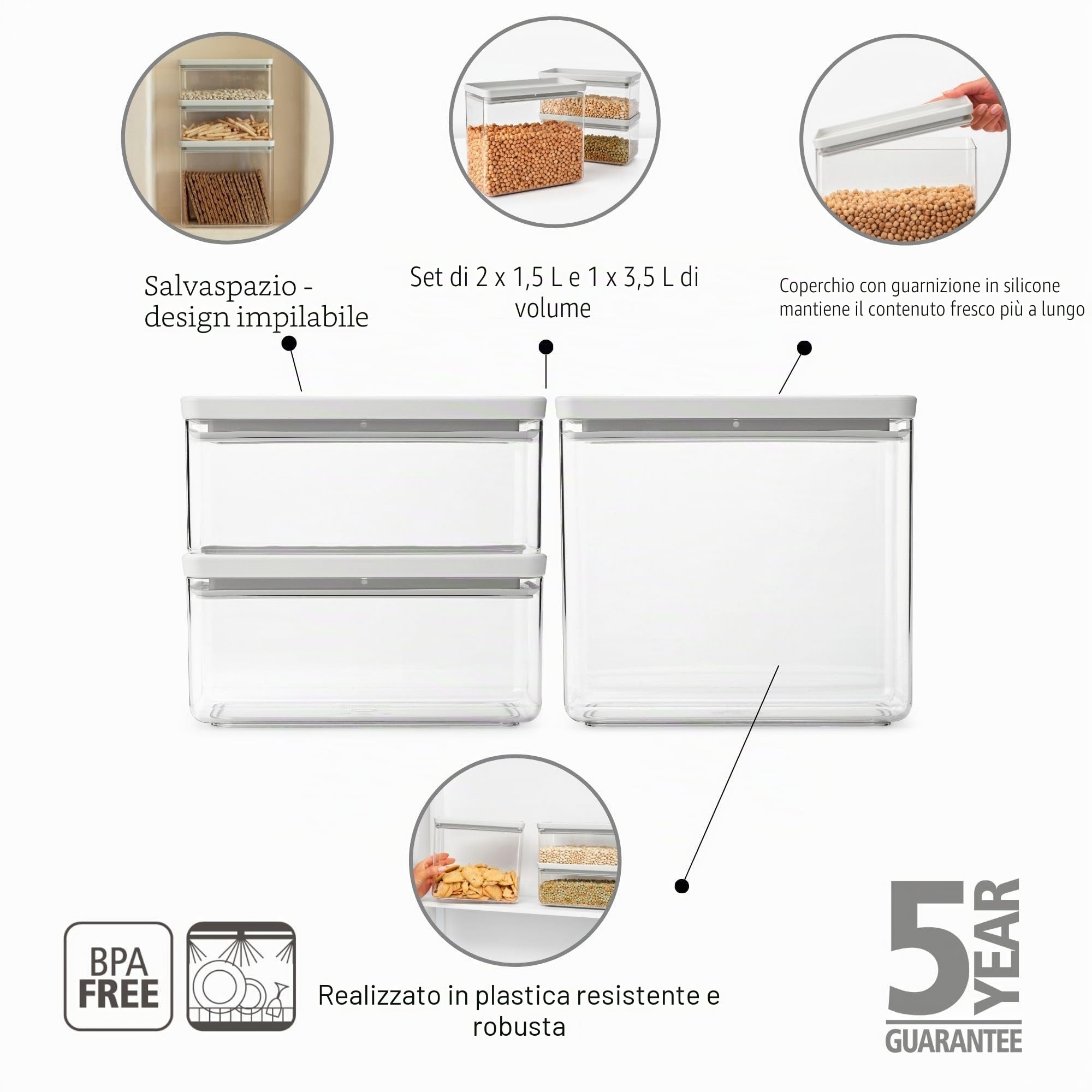 Brabantia TASTY+ Contenitore impilabile set di 2-1,5L e 3,5L | Ermetico per alimenti con coperchio in silicone per la cucina | Per alimenti secchi e umidi, zucchero, farina | Light Grey