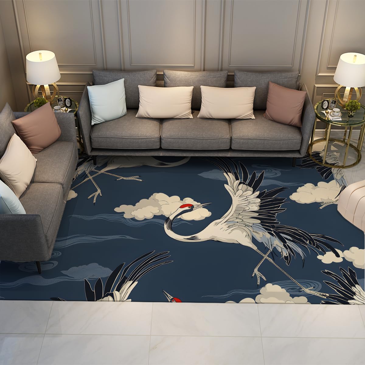 Japanische Crane Bird Waschteppiche Vintage orientalischer Teppich 160x200cm Marineblauer Wolkenteppich Großer Teppiche fürs Wohnzimmer weiche rutschfeste Vorleger Schlafzimmerteppich