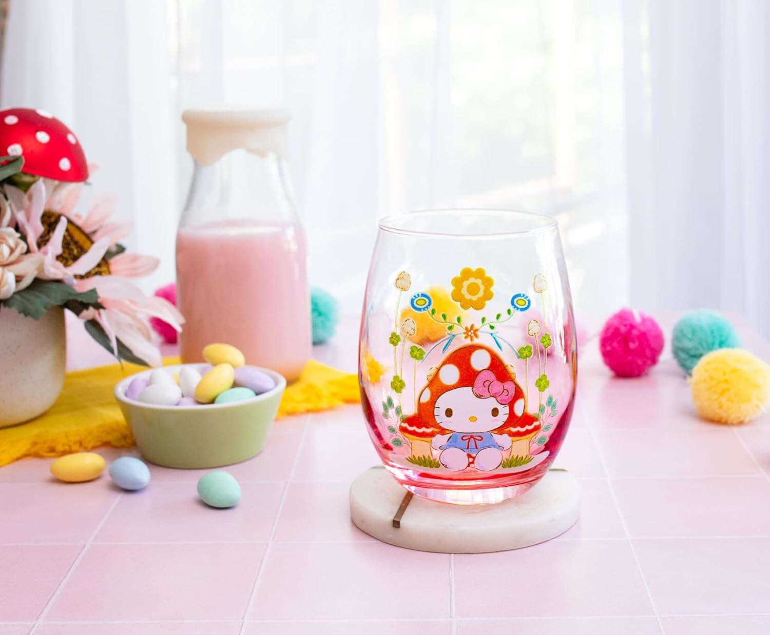 Silver Buffalo Sanrio Hello Kitty Mushroom Art Stemless Wine Glass, Tumbler Cup For Cocktails | Holds 20 Ounces - Image 4