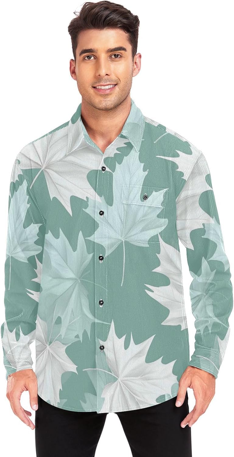 Green White Maple Leaf Woolen Cord Fabric Mens Rugby Shirts Long Sleeve for Women Slim Fit with Pockets