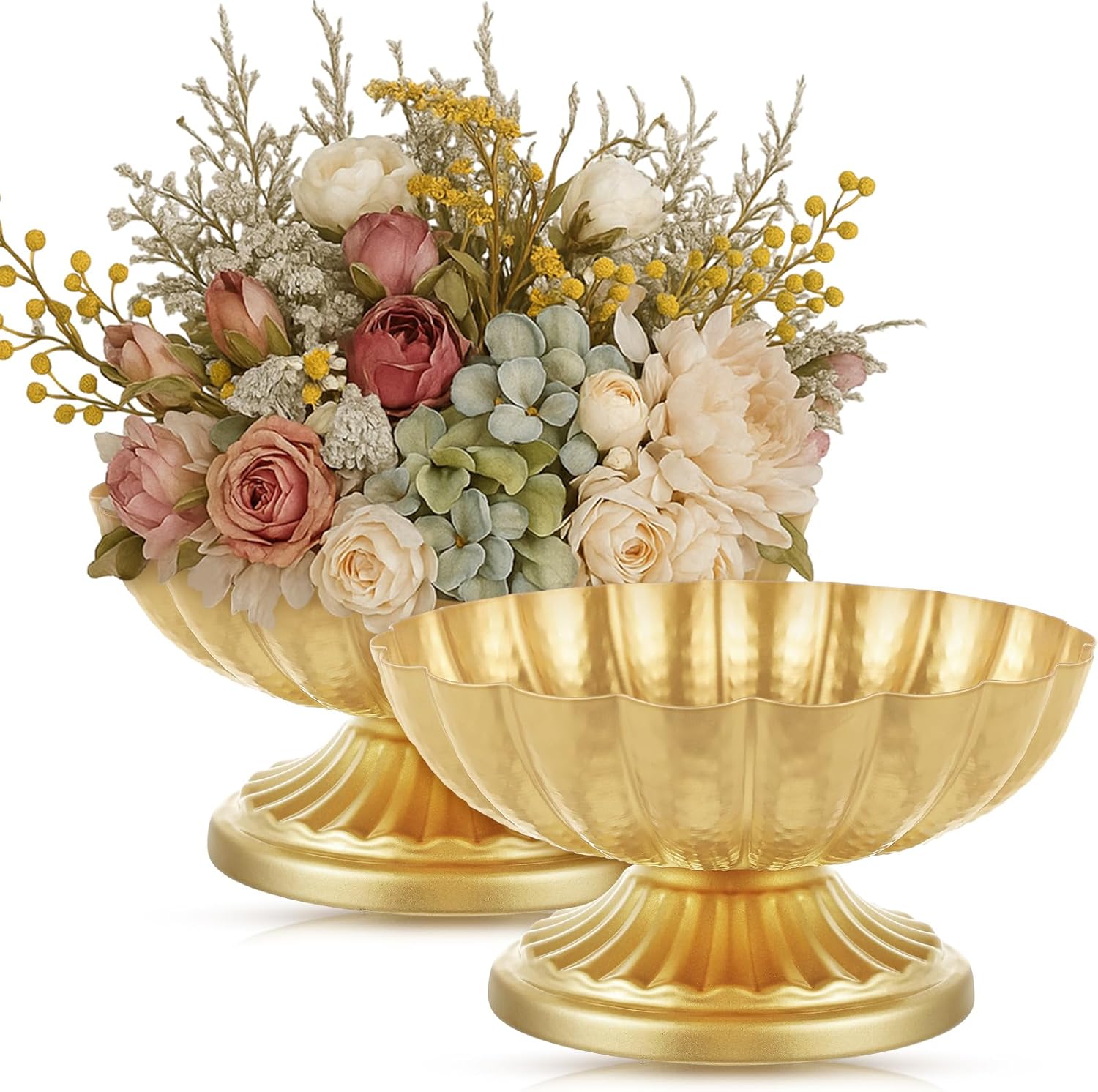 2 Pcs Metal Compote Bowl for Centerpiece Flower Holder 7 Inch Compote Vase Indoor Outdoor Flowers Fruits Plant for Christmas Wedding Home Party Decoration (Bright Gold) 2 Bright Gold