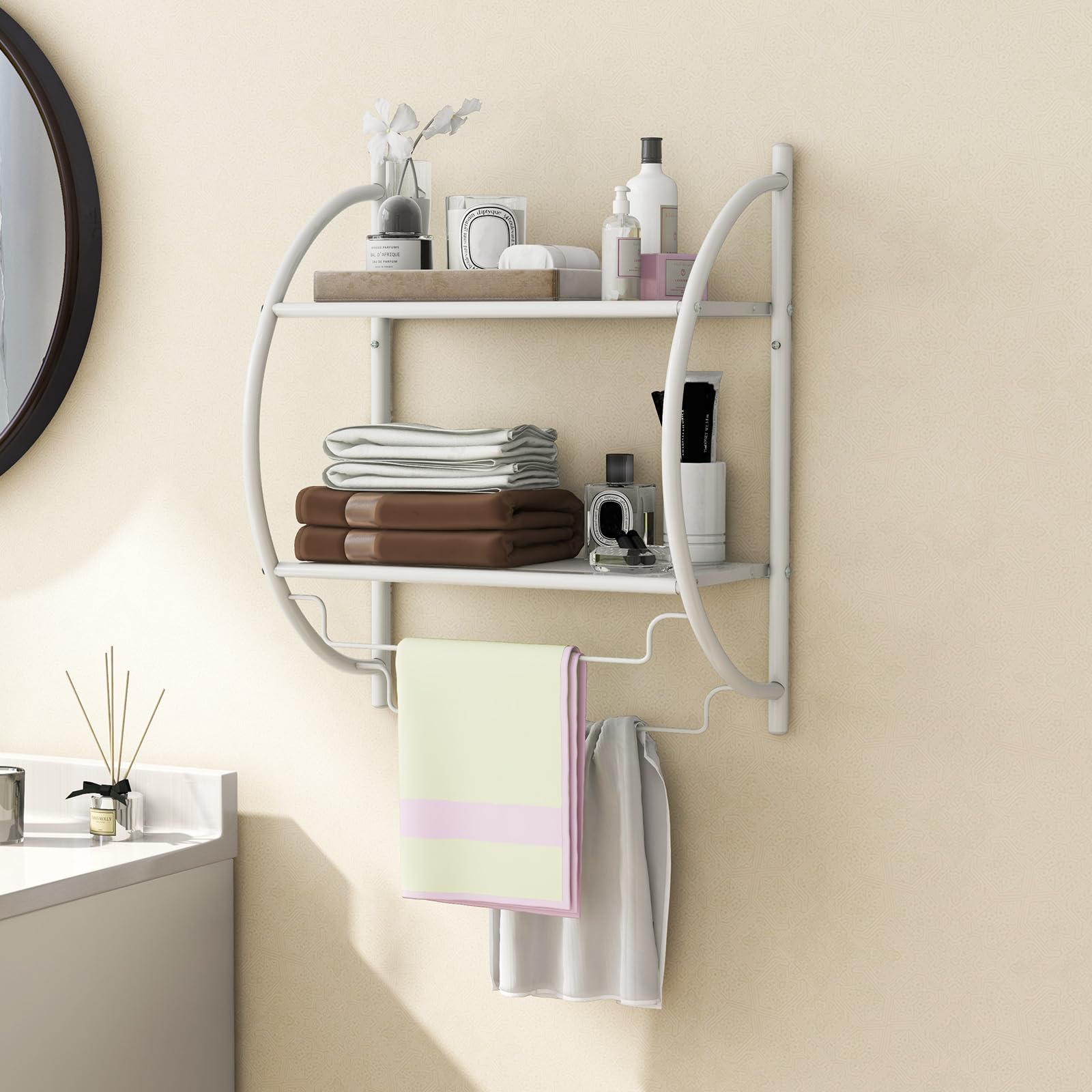GIANTEX Porta Asciugamani Bagno da Parete, Mensola Doccia con 2 Ripiani e 2 Portasciugamani, Antiruggine, 45x25,5x55 cm Bianco