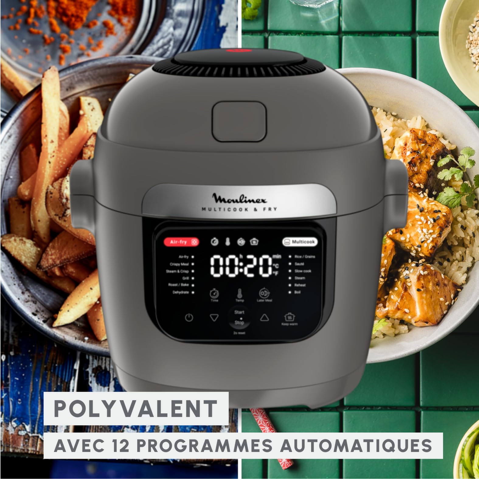 Moulinex Multicook Fry Multicuiseur et air fryer, 12 programmes, 6 L, Gris, Spatule incluse YY5553FB