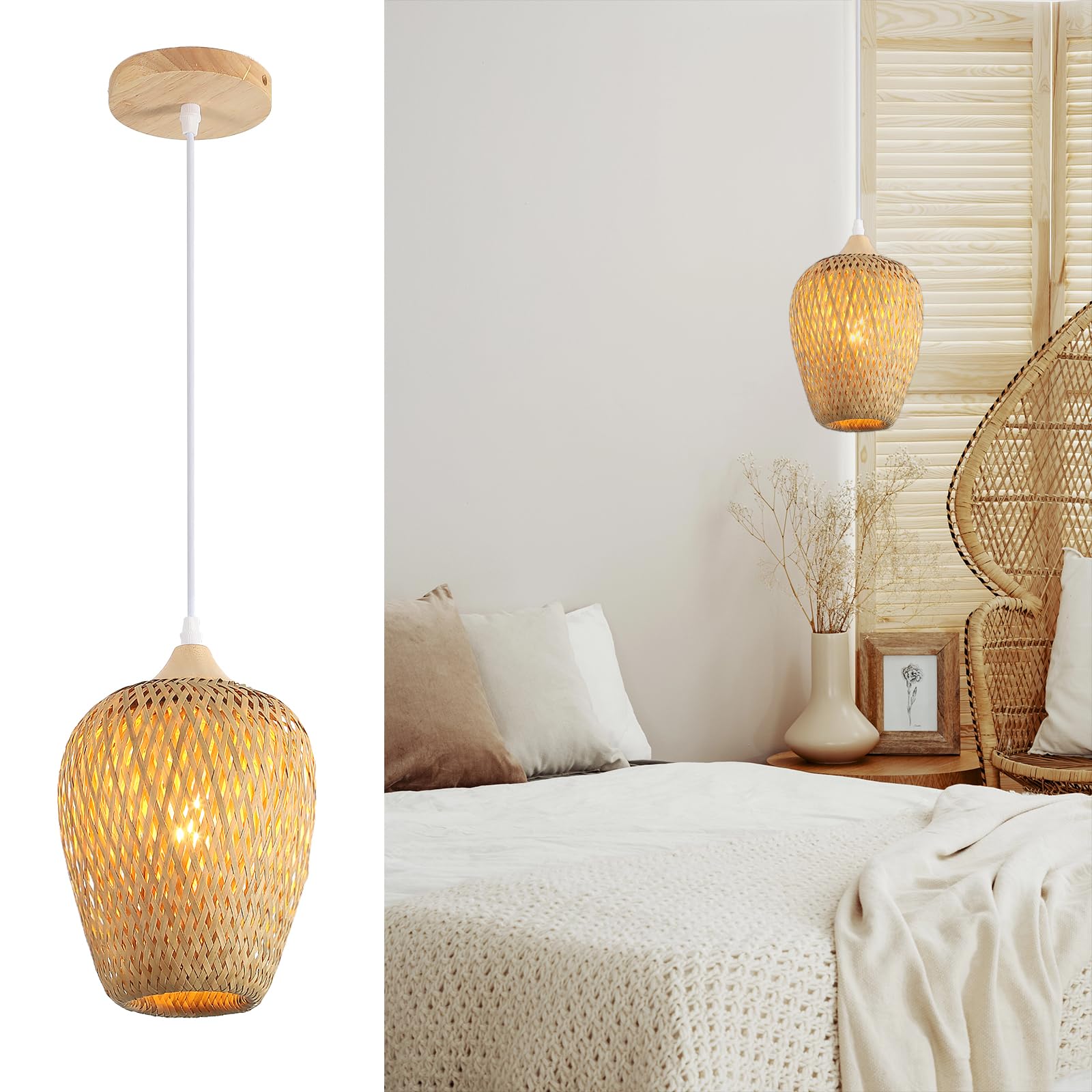 Lampenschirm Bambus Und Holz Boho,Handgewebt Doppelschicht Pendelleuchte Esstisch Vintage KüChe Lampe Dekor Eine-Licht HäNgelampe FüR Schlafzimmer Kronleuchter Wohnzimmer