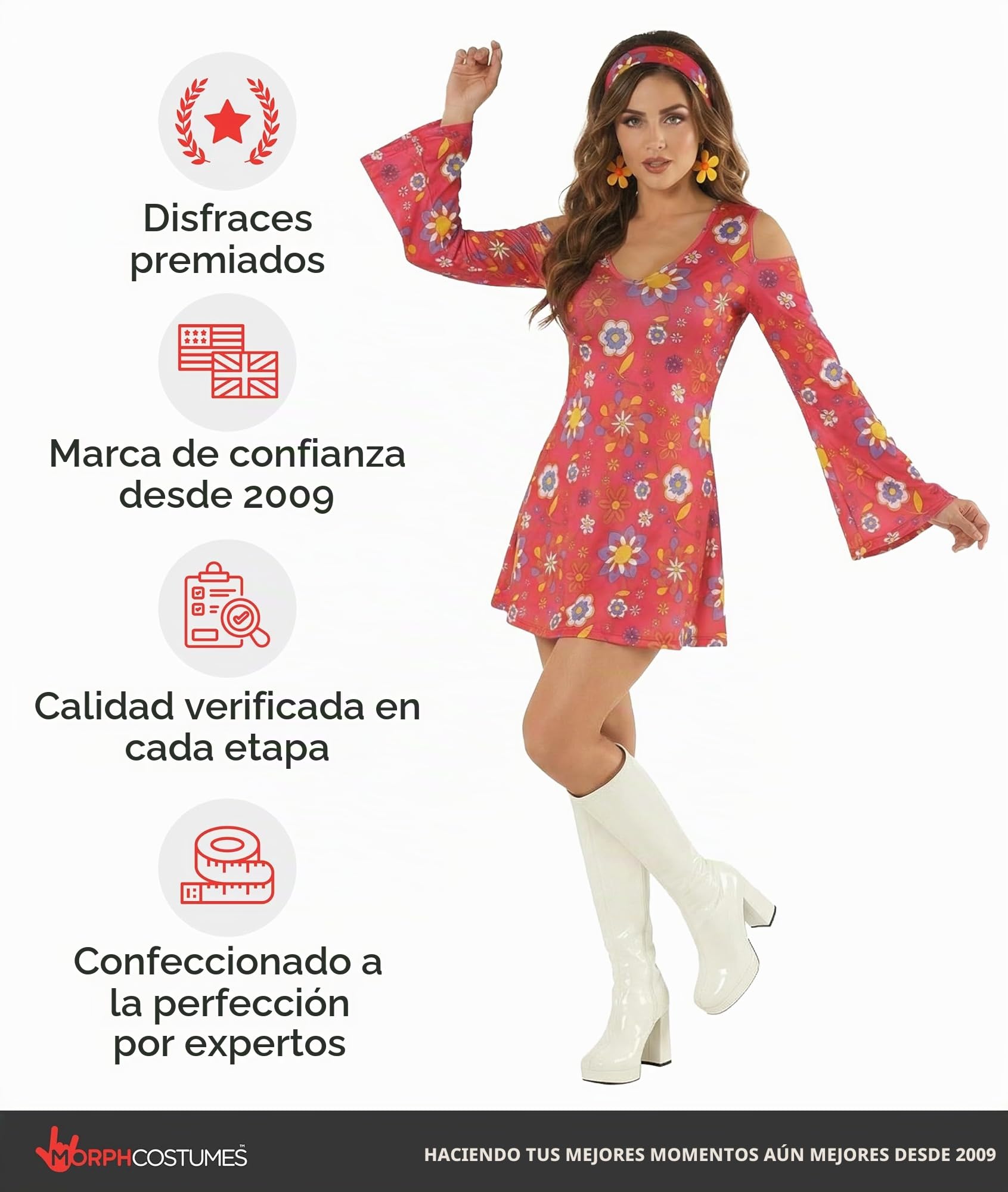 Morph Disfraz Hippie Mujer Adulto Vestido Floral Estampado Estilo Setenta Cinta Pelo Fiesta Carnaval Halloween