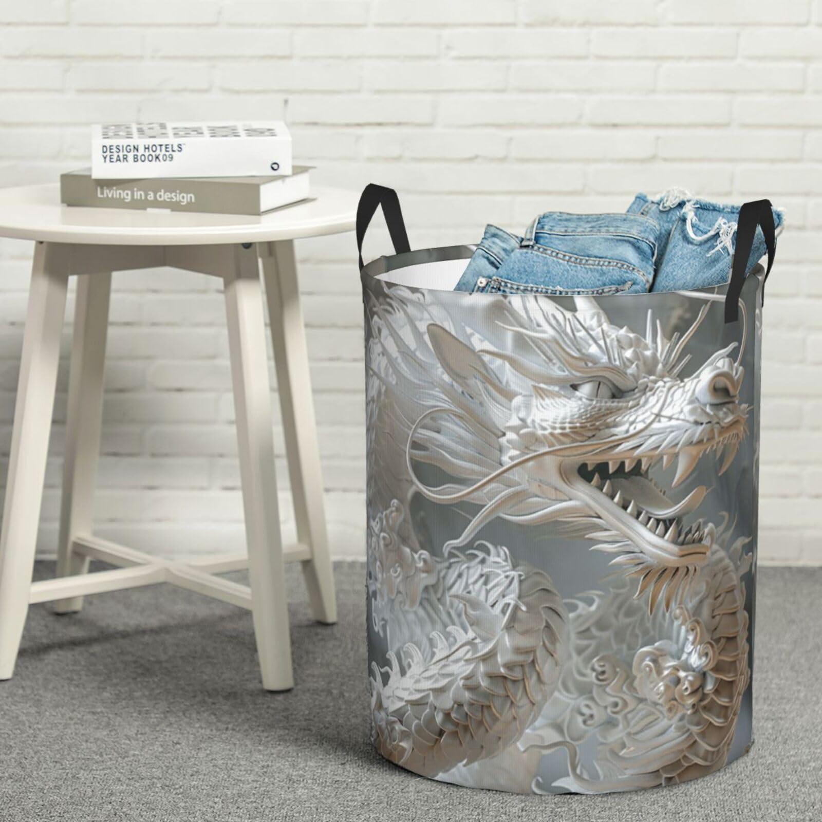 Panier à linge imperméable et pliable grand format style dragon blanc pour salle de bain