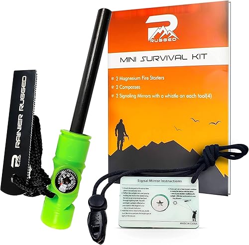 Miniatura 8 de Rainier - Kits de iniciadores de fuego 5 en 1 resistentes que brillan en la oscuridad con brújula, espejos de señal, silbatos, varillas de ferro de