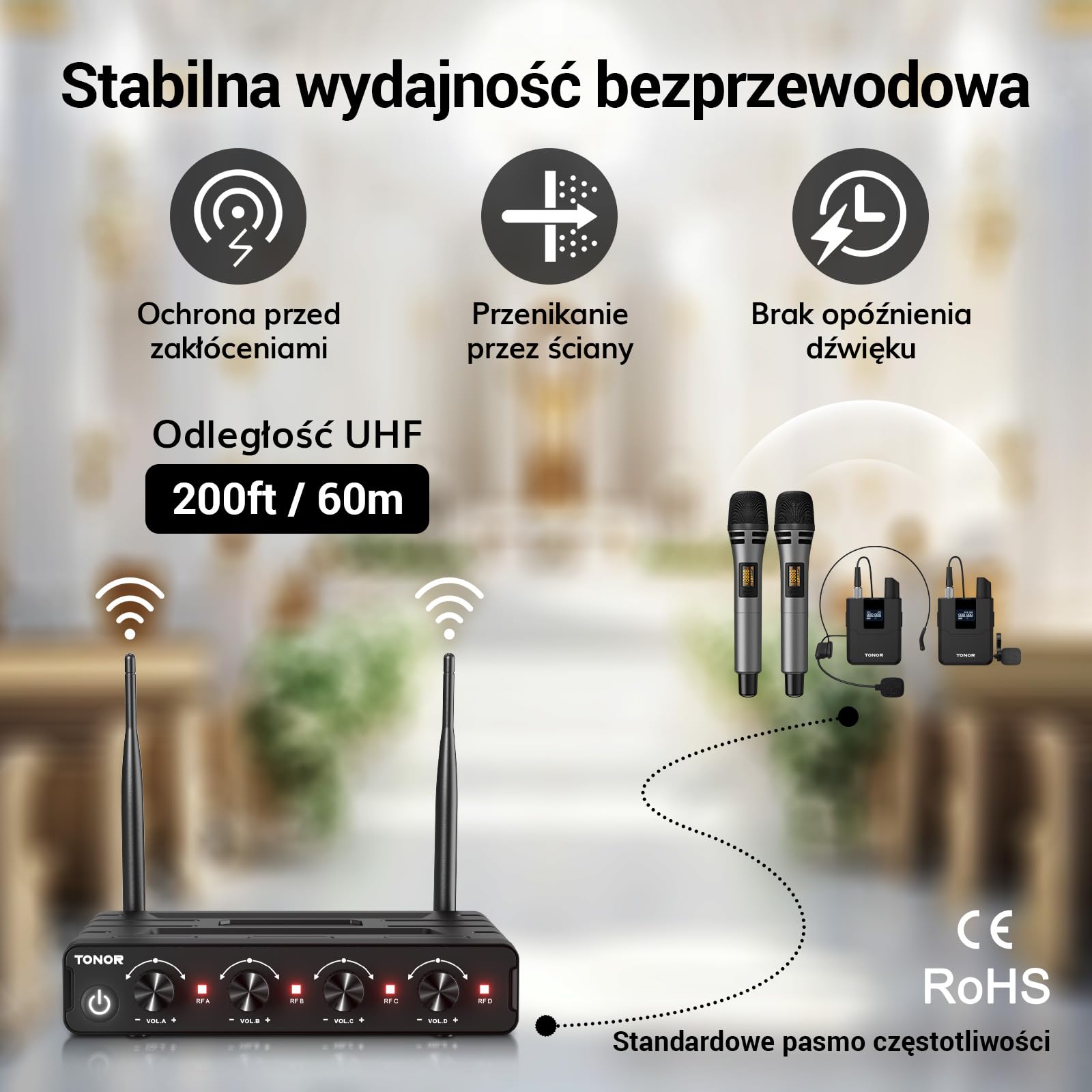 Bezprzewodowy zestaw mikrofonowy TONOR UHF z mikrofonem ręcznym/nadajnikiem typu bodypack/bezprzewodowym mikrofonem typu lavalier, 4 x 5 częstotliwości, zasięg 60 m Karaoke TW362