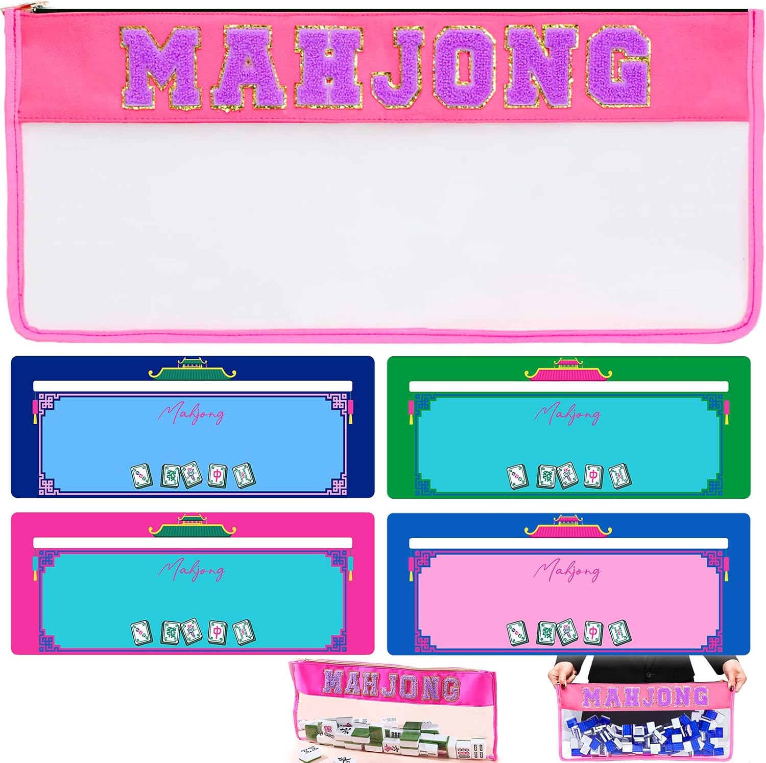 1 Pcs American Mahjong Bag and 4 Pcs mahjong line finder Strategy Tool for Beginners, Tiles Bag with Zipper & Embroidered Letters