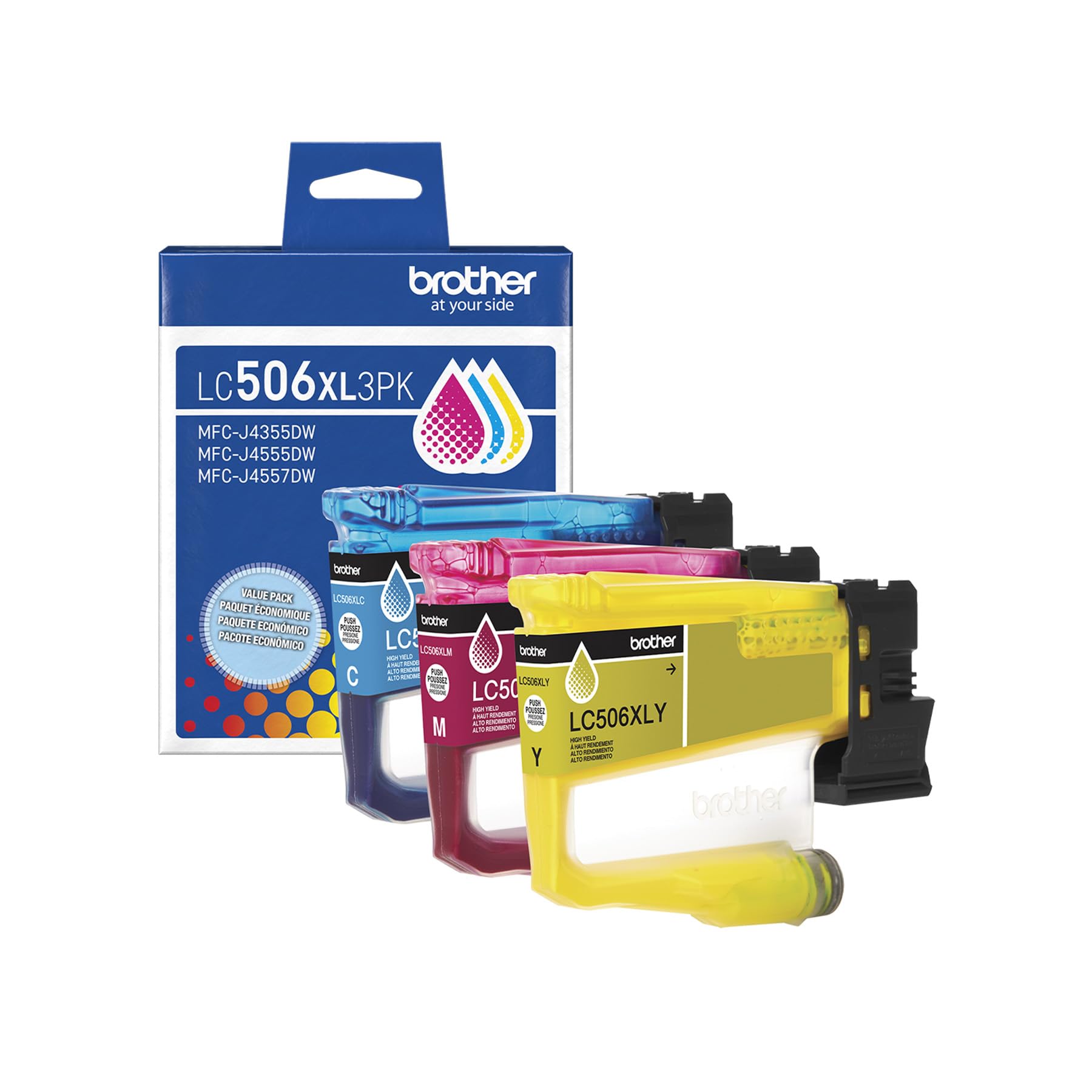Brother Genuine LC506XL3PK 3-Pack High Yield Cyan, Magenta, and Yellow Ink Cartridges (for use with INKvestment 4355, 4555, and 4557 Printers)