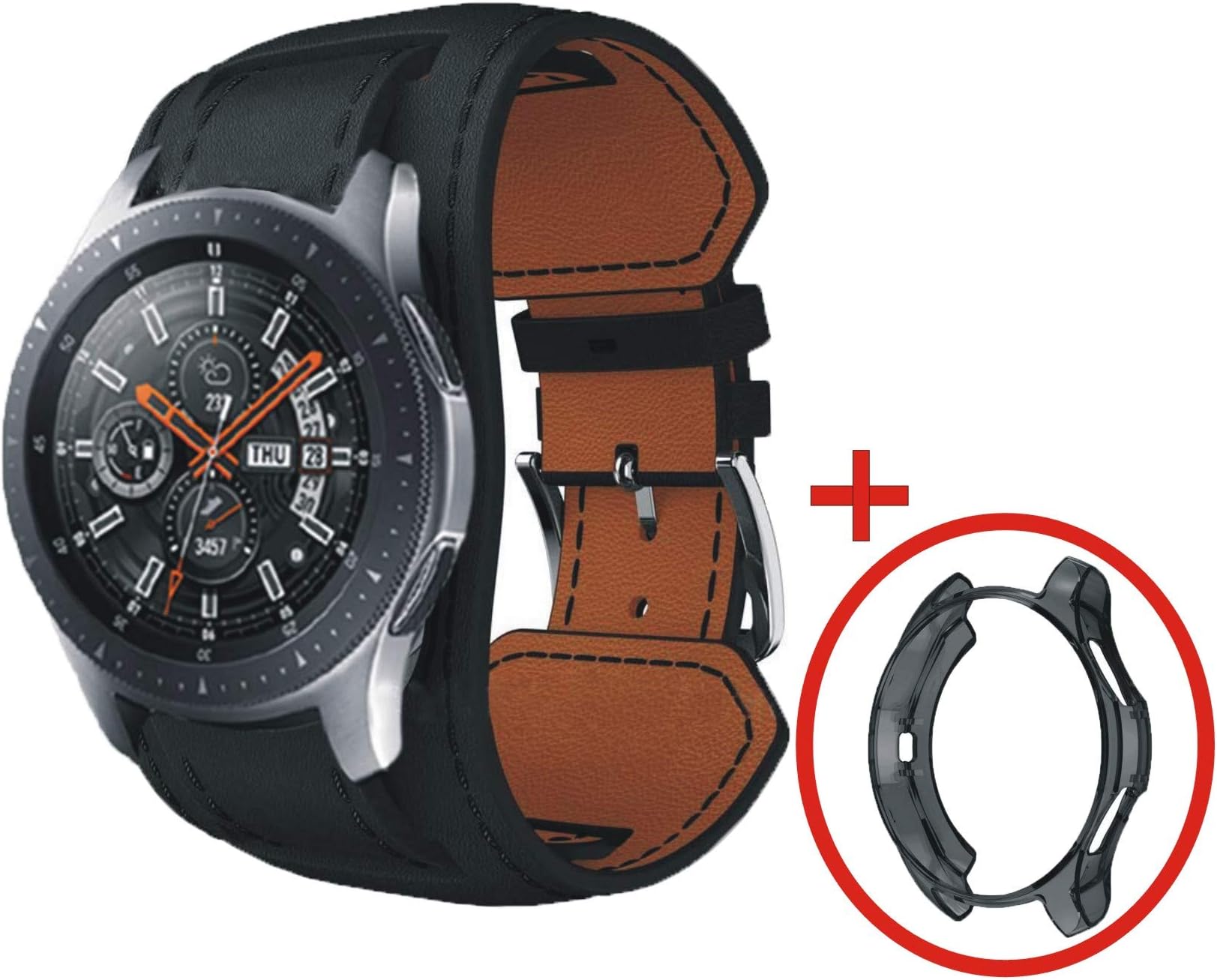 Compatible with Samsung Galaxy Watch 46mm Bands Soft Genuine Leather Cuff Strap Wrist Watch Replacement Band +TPU Cover Case for Women Men-Black