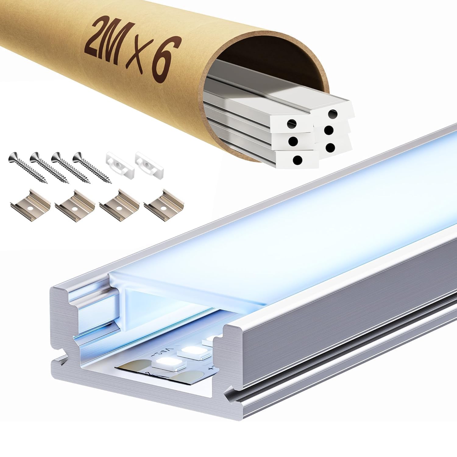 LED Profil Schiene 2m aus eloxiertem Aluminium, Aluminium Profil passend für 12mm Streifen, mit opalem Diffusor (SP26, 6 Stück (insgesamt 12m))