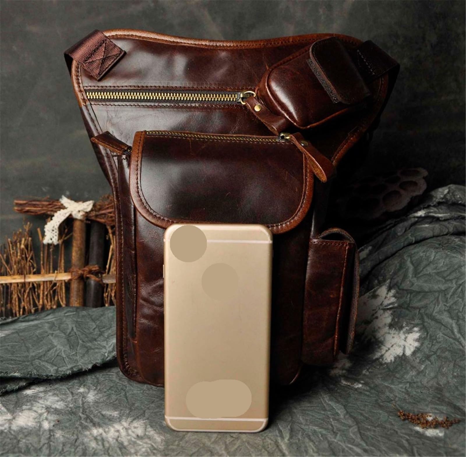 Sacoche de Jambe Moto Sac bandoulière en Cuir Multifonction for Homme(Color 3)